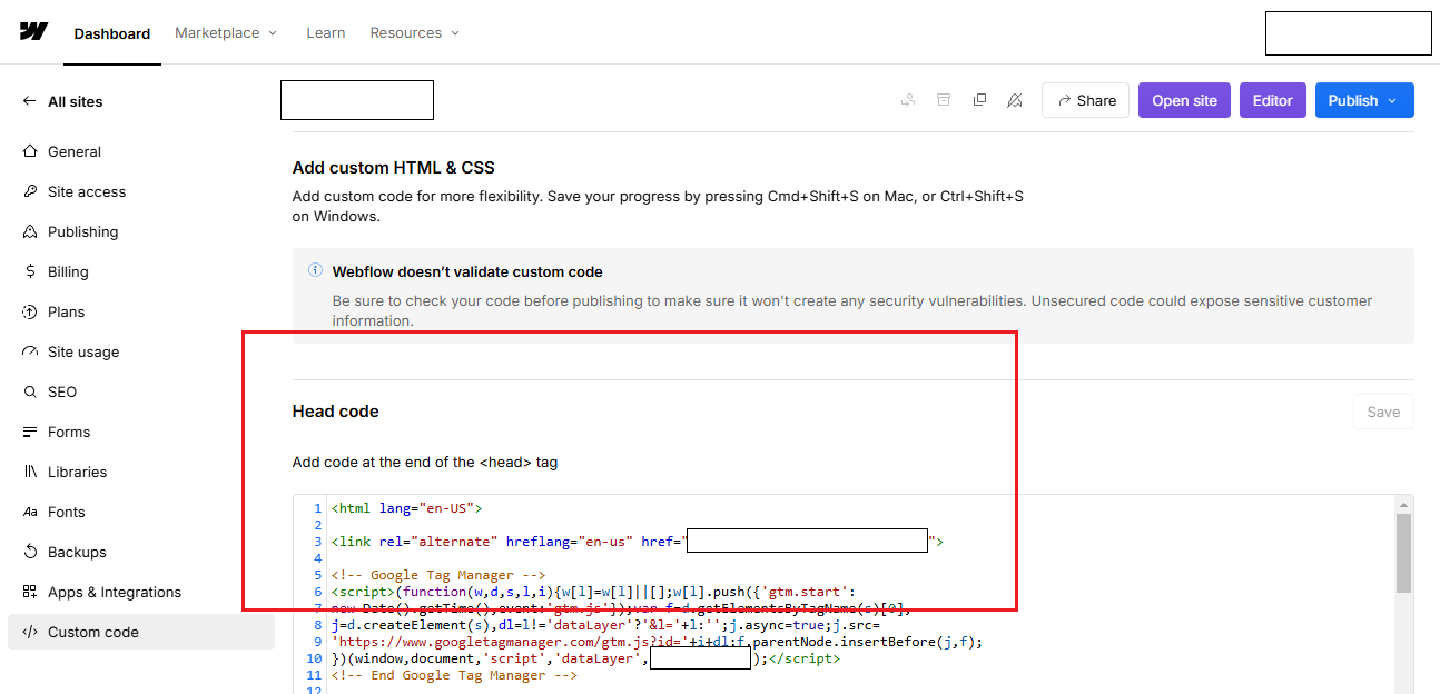Screenshot from Webflow dashboard showing the custom code option