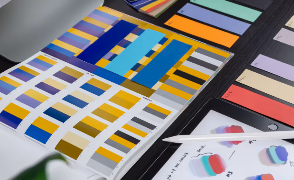 Color swatches and fabric samples with a digital tablet and stylus