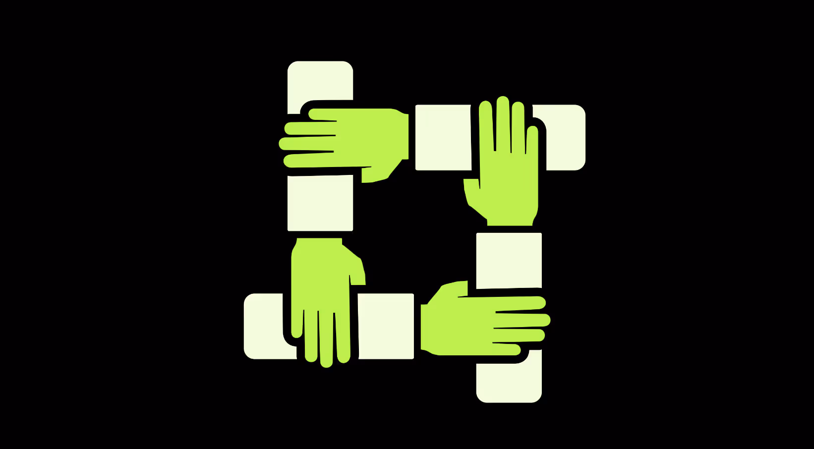 Illustration collaborative design of four hands connected in a square