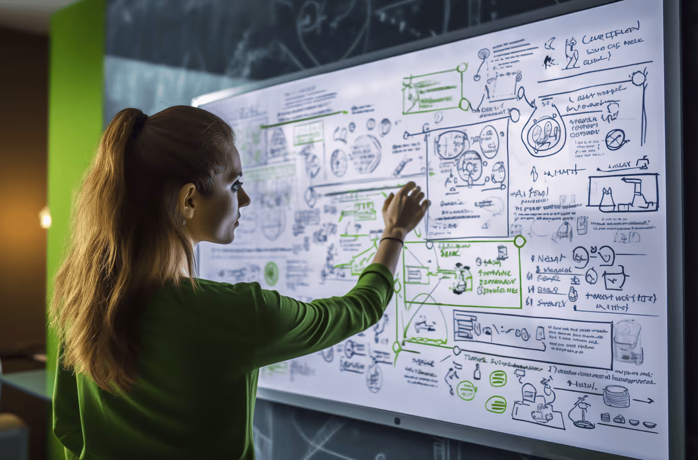 woman writing and drawing on a whiteboard representing designing for user experience