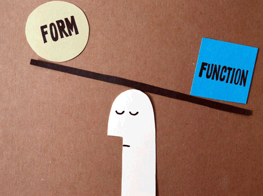 Illustration of a figure balancing a beam on their head with 'FORM' on one end and 'FUNCTION'