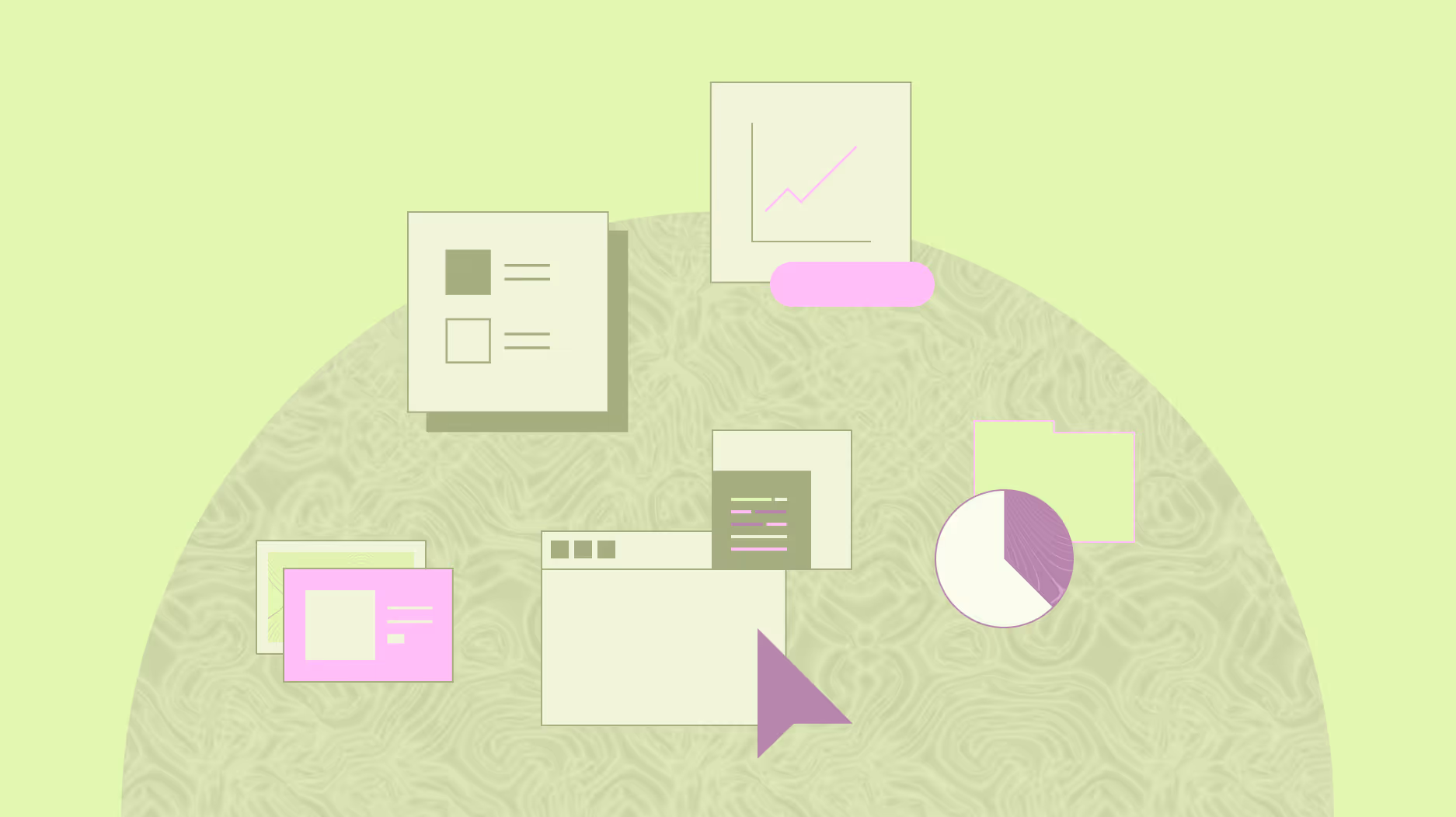 Illustration of produch design by various digital elements including charts, a webpage, and a pie chart