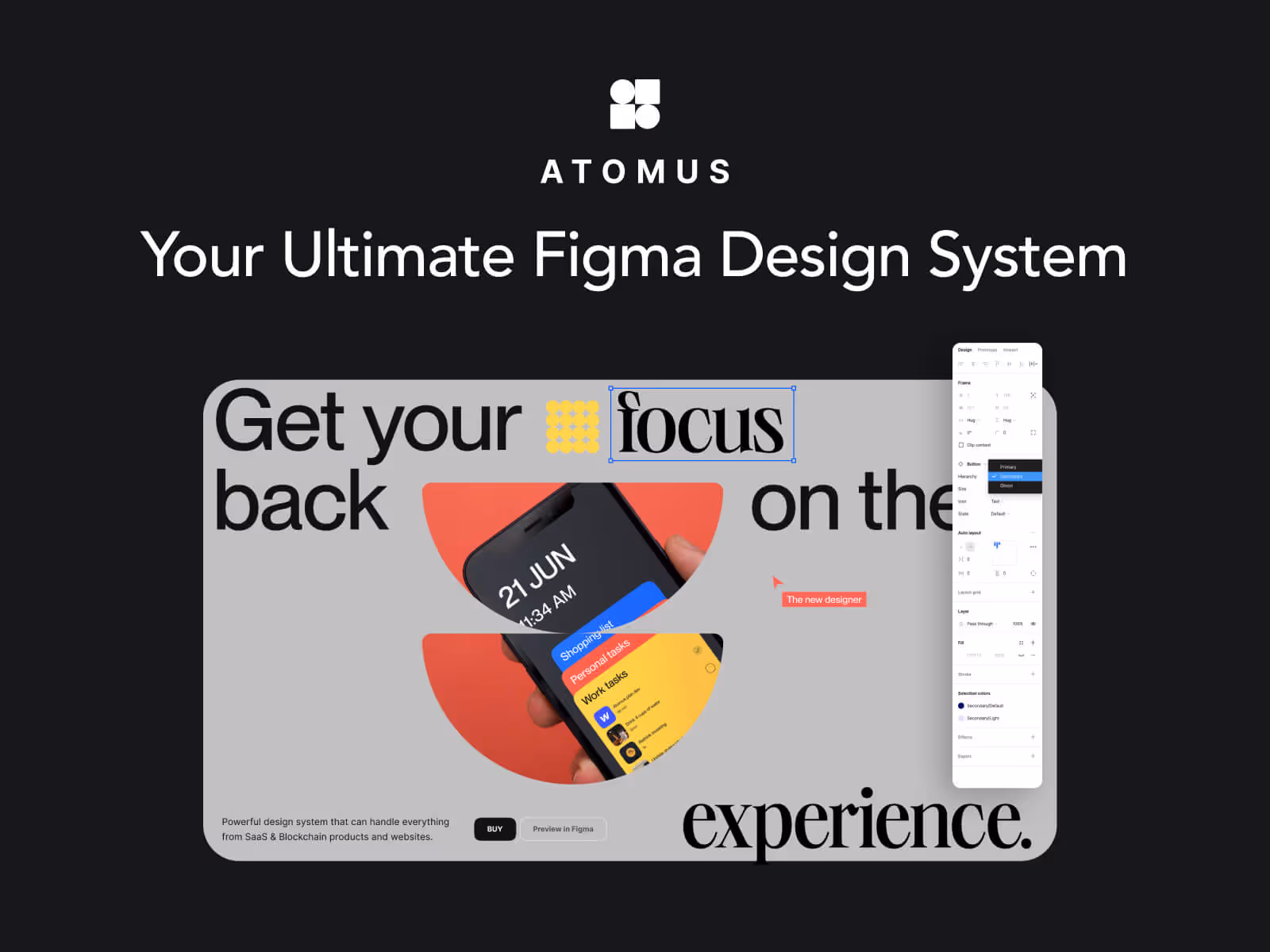Atomus: Your Ultimate Figma Design System advertisement represents design progress.