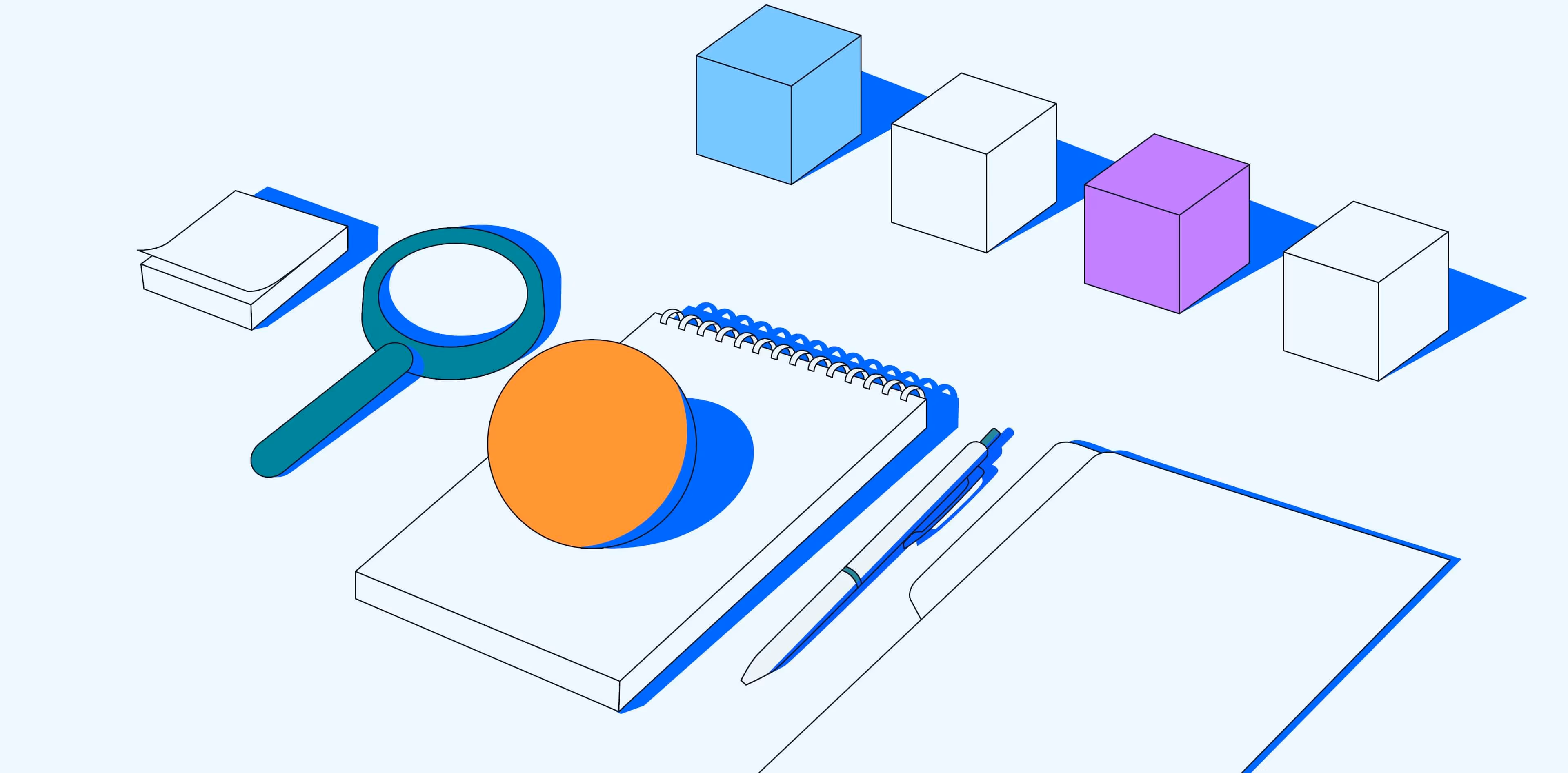 Illustration of user research a desk with a magnifying glass, notebook, pen