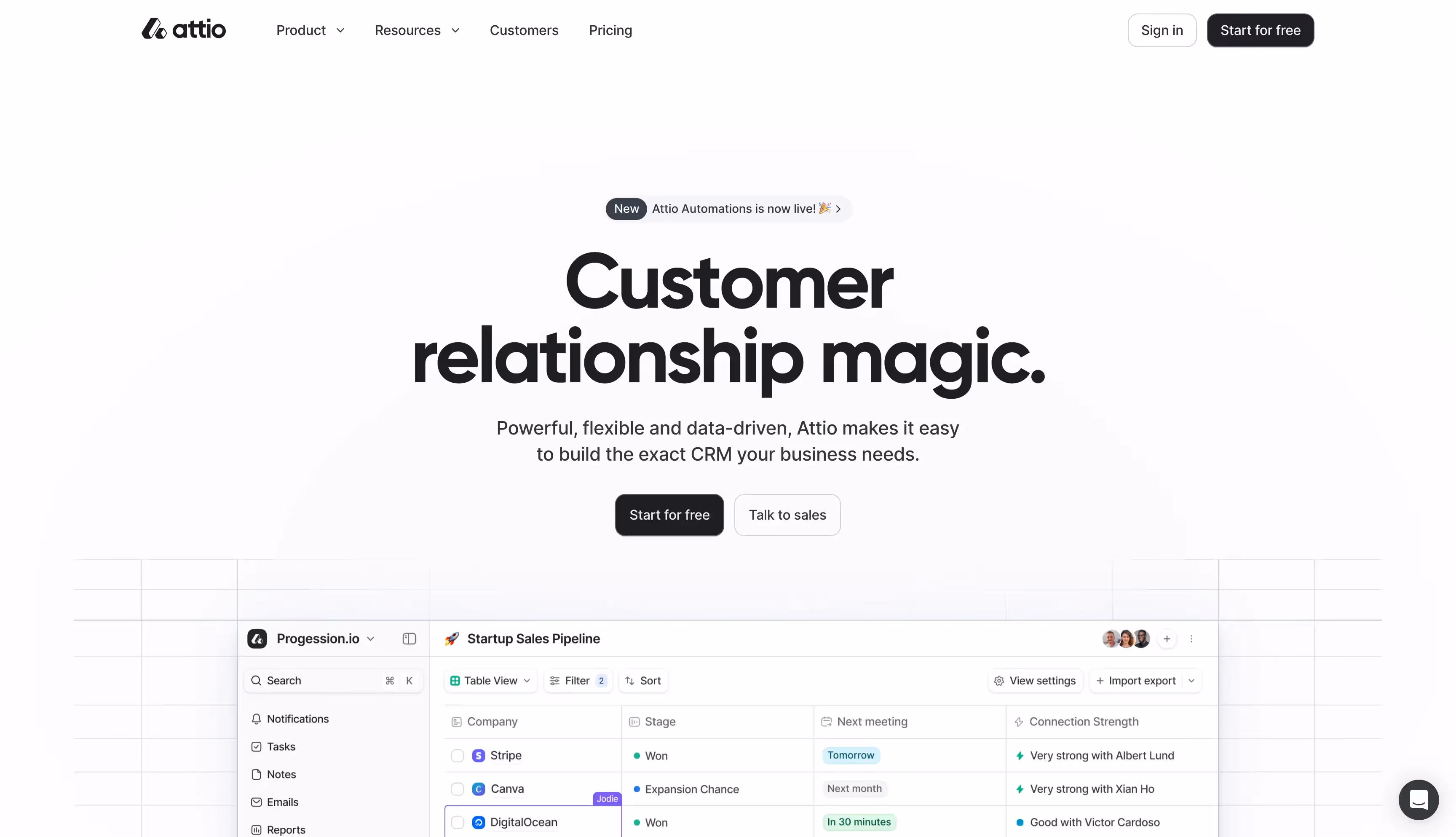 Attio homepage highlighting CRM solutions