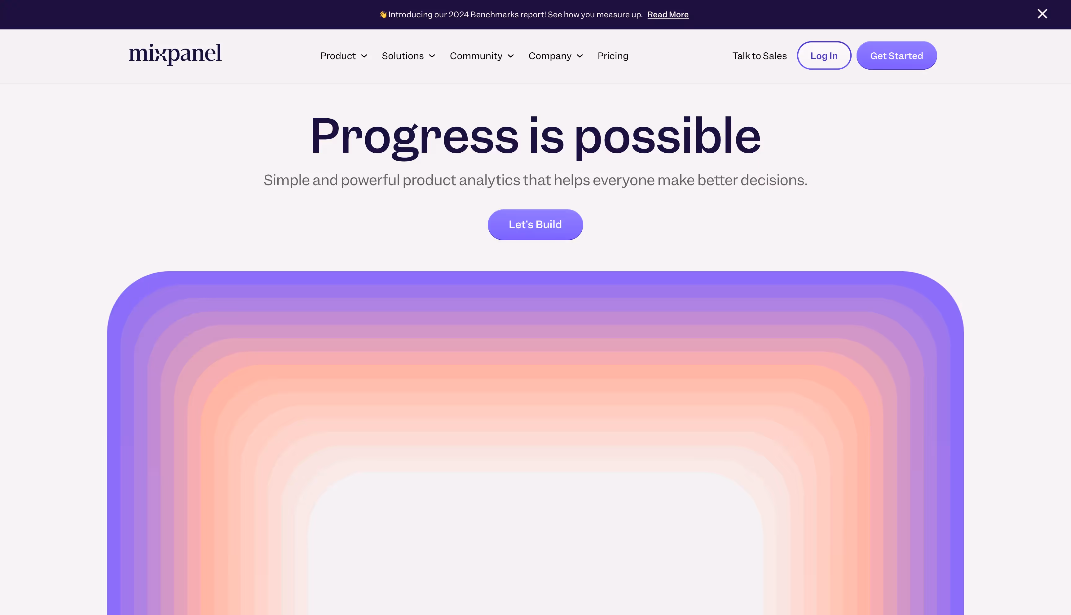 Mixpanel homepage with the tagline 'Progress is possible,'
