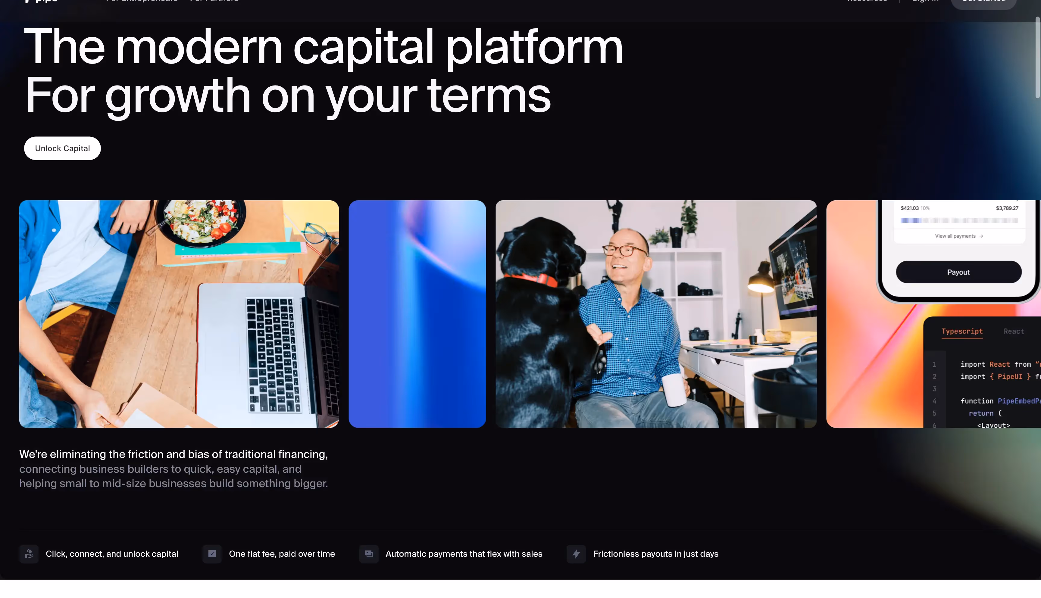 Pipe's website with clear CTAs and customer success stories
