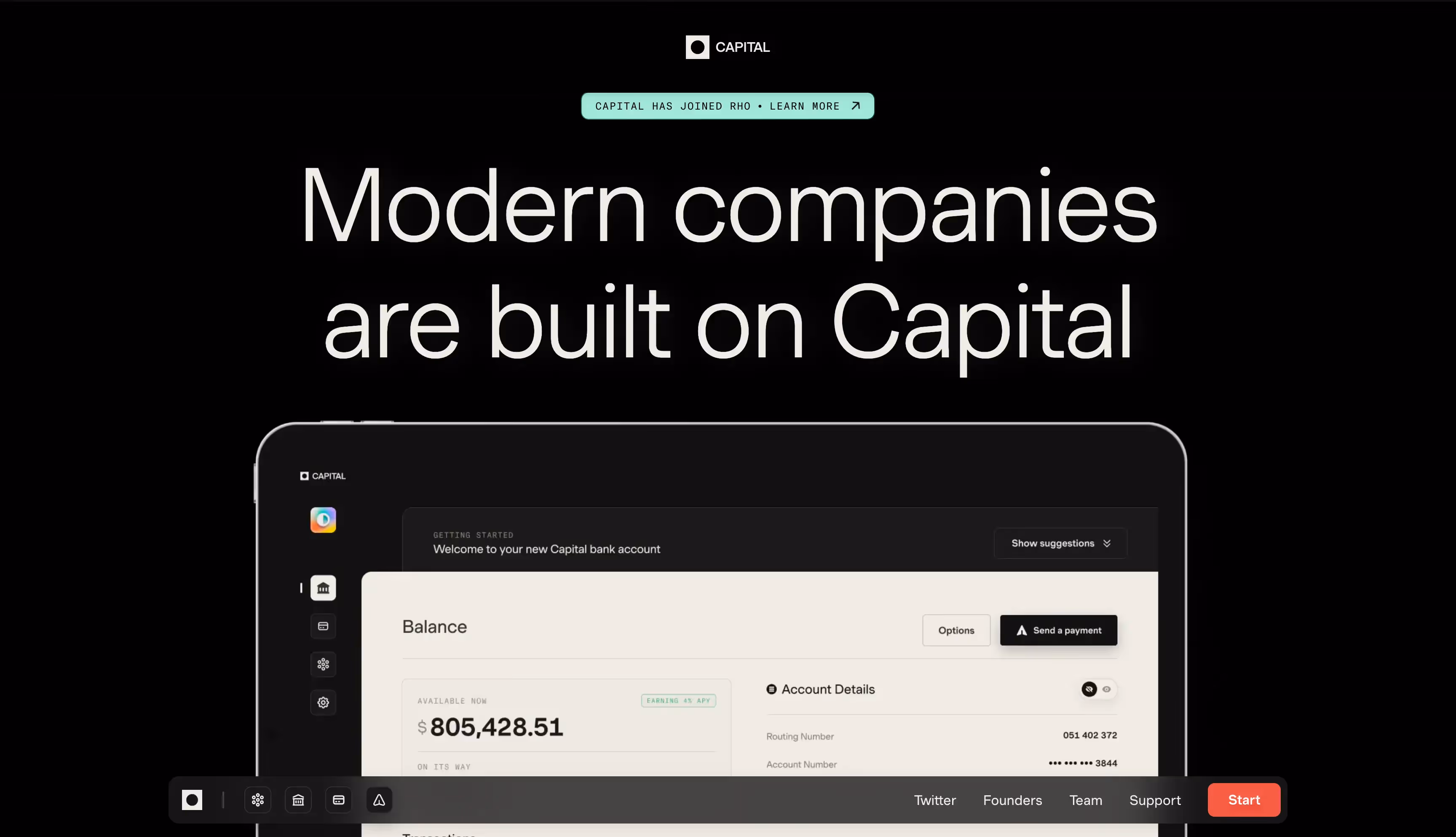 Capital homepage with the tagline 'Modern companies are built on Capital,'