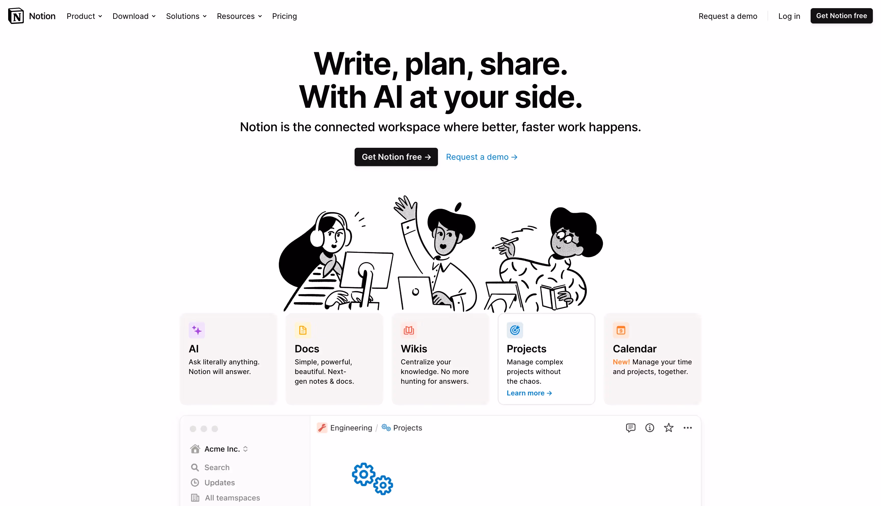 Notion homepage featuring AI-powered workspace tools