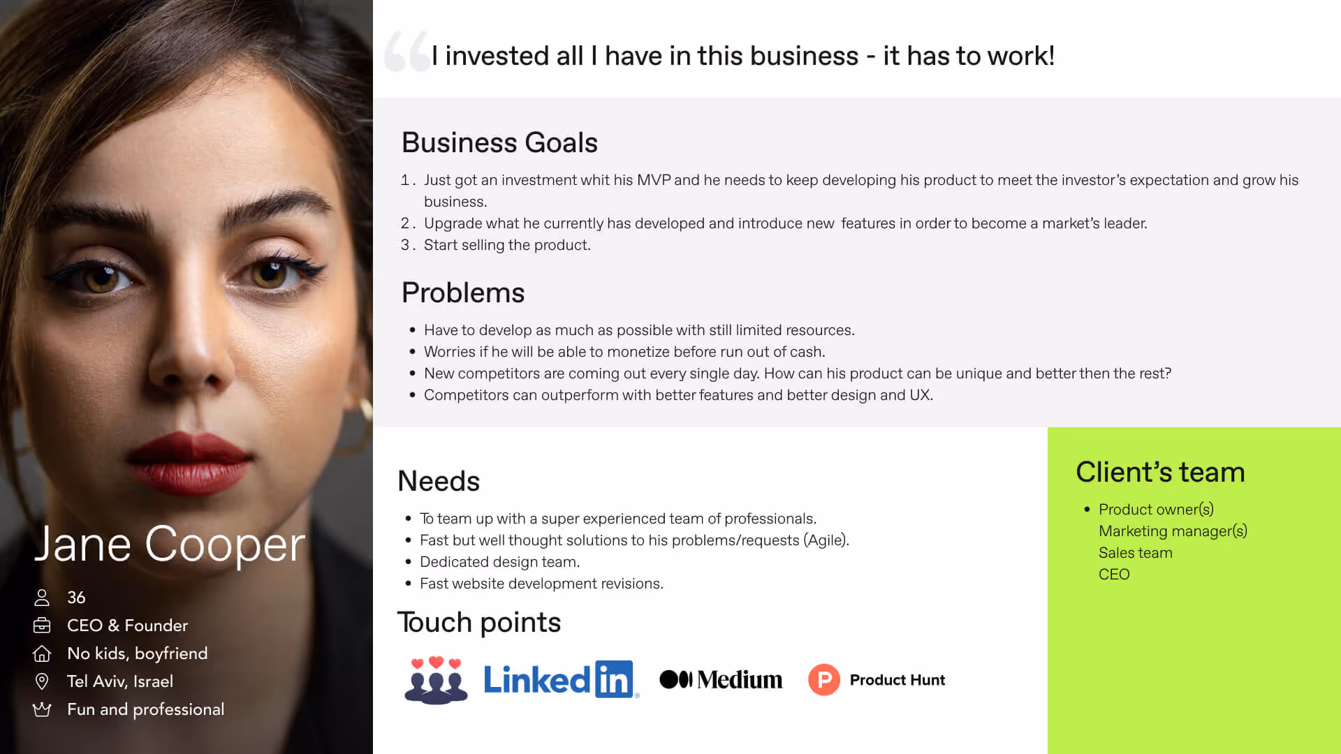 Persona profile for Jane Cooper illustrating target audience