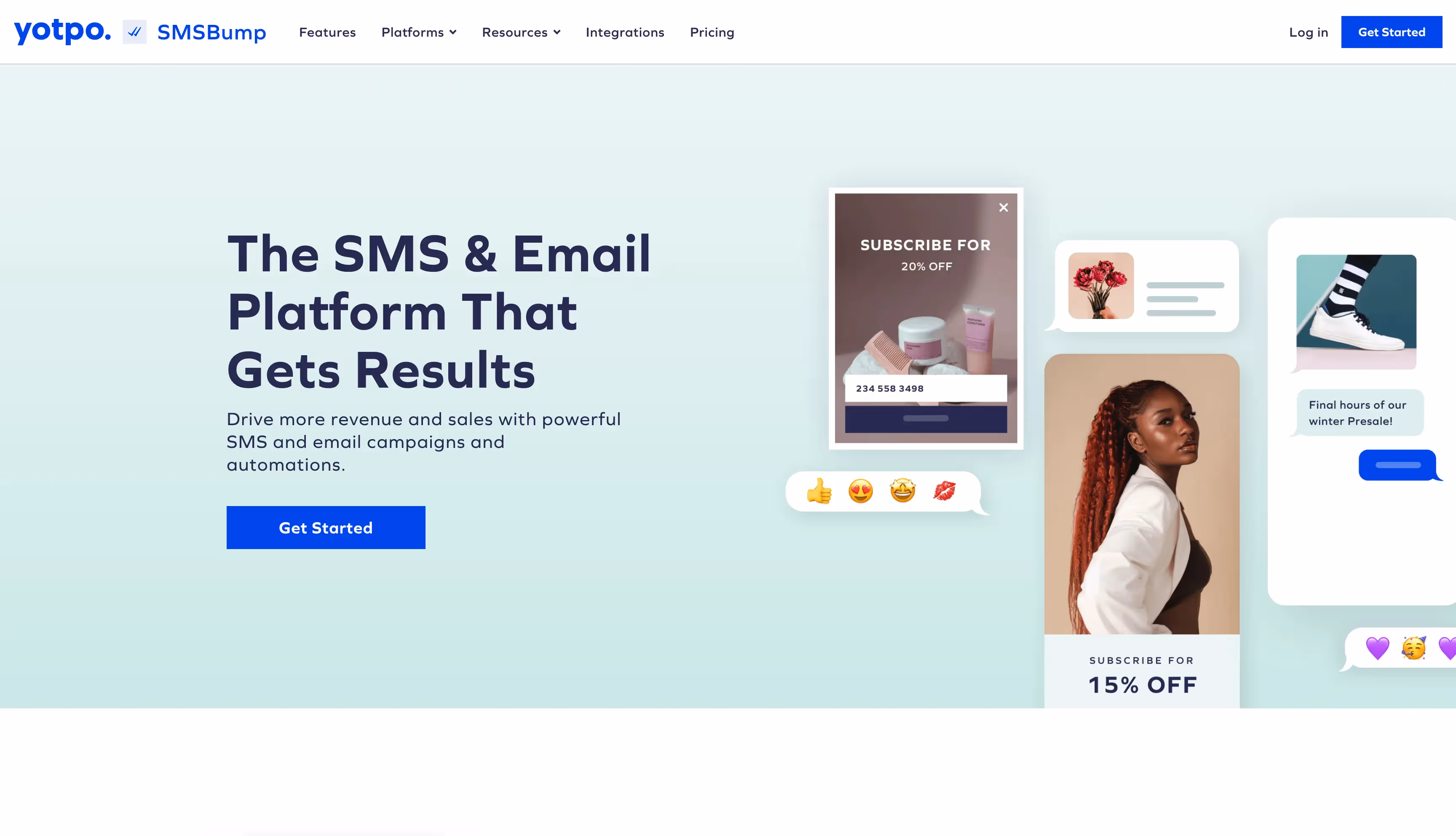 Yotpo SMSBump homepage promoting an SMS and email platform