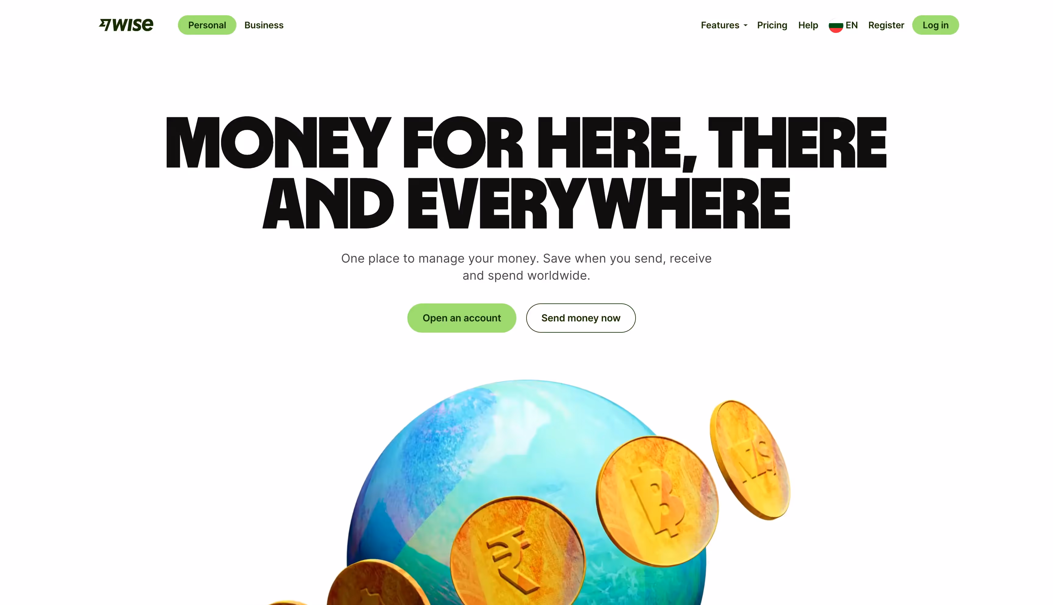 Wise homepage featuring the tagline 'Money for here, there, and everywhere,'