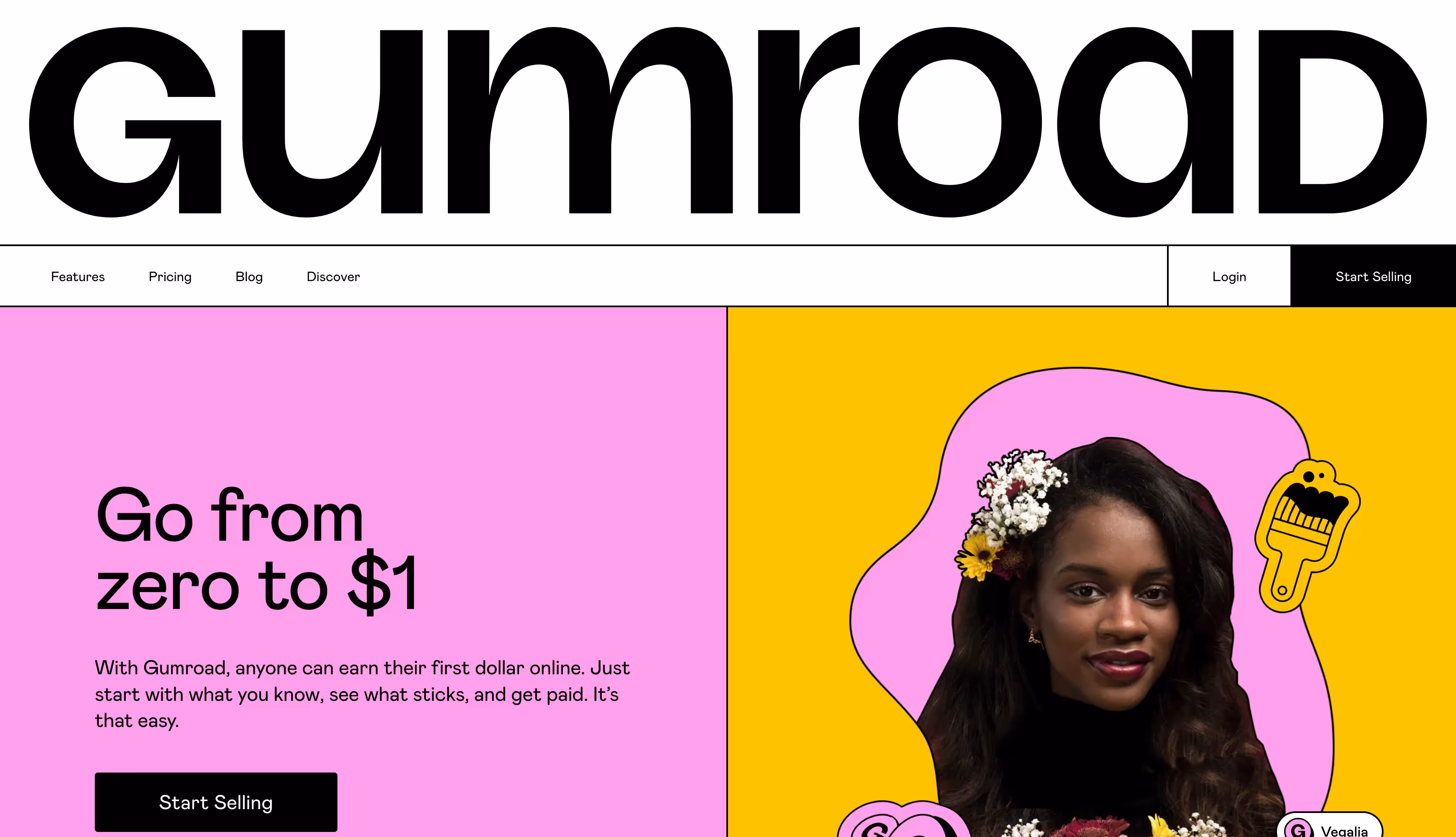 Gumroad homepage featuring a large, bold header text 'Go from zero to $1'