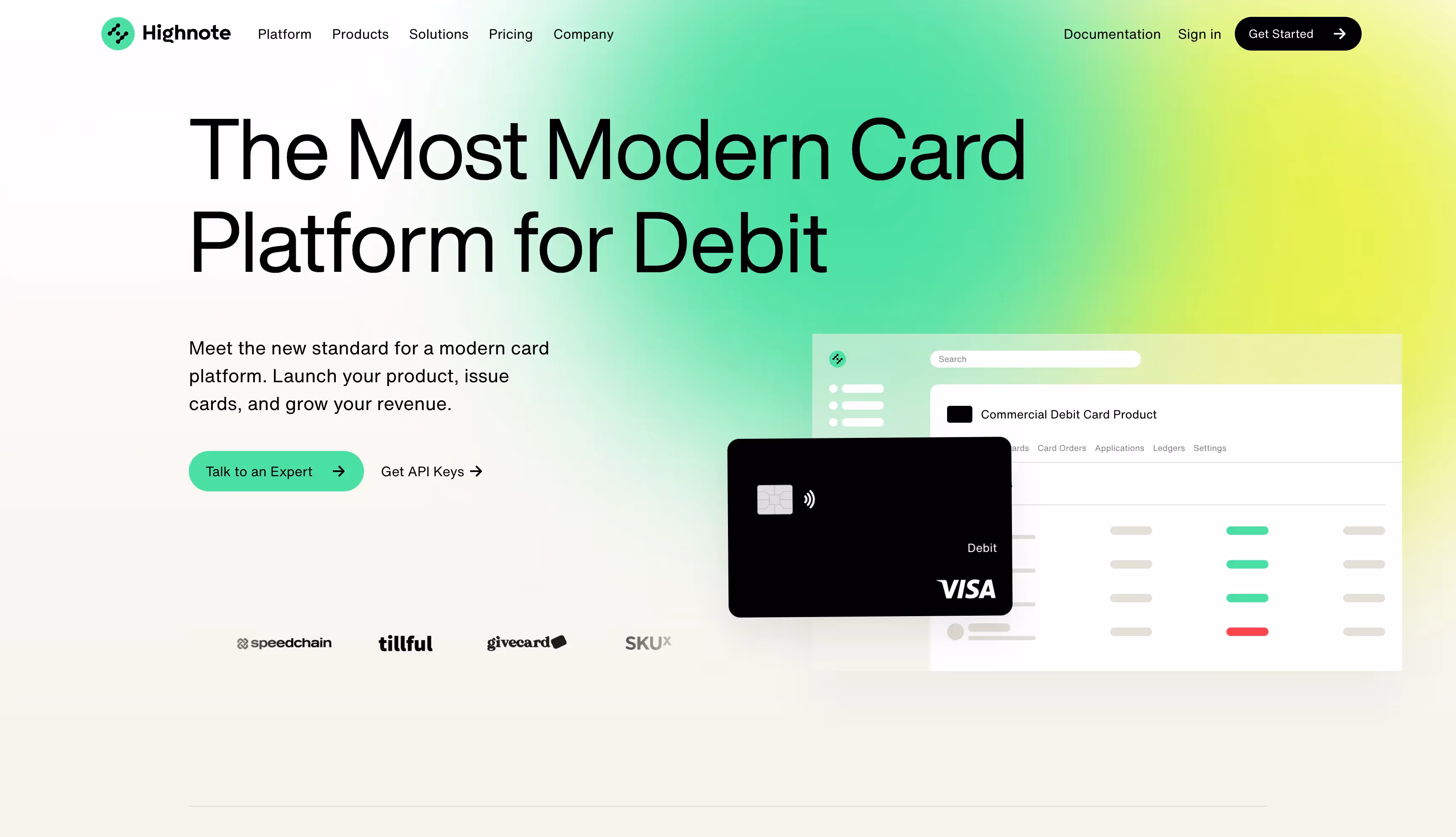 Highnote homepage promoting a modern card platform for debit