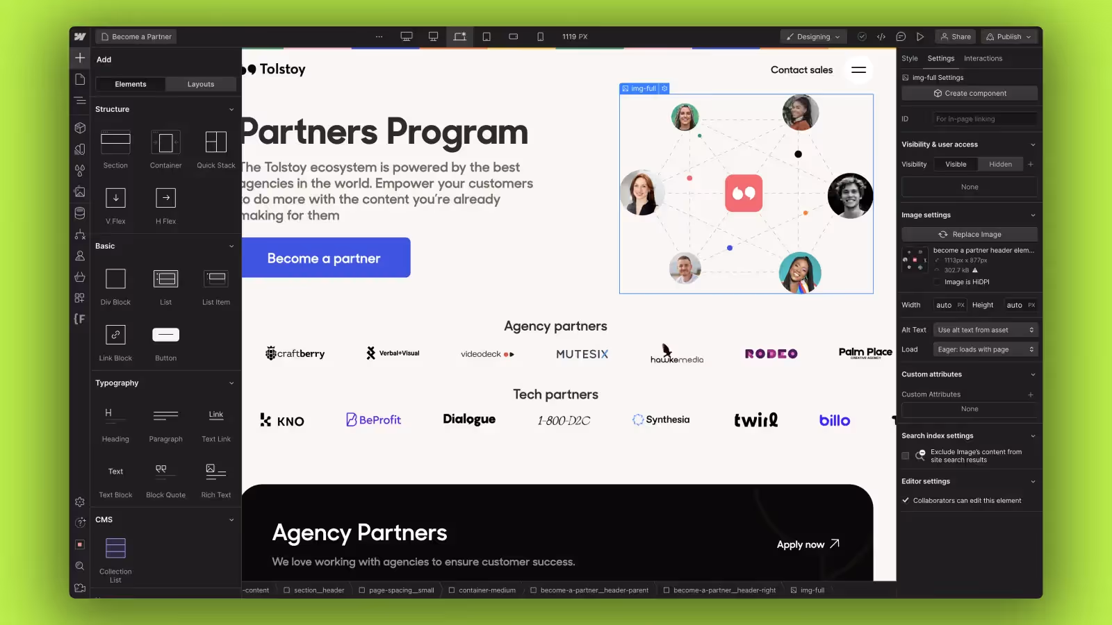 Webpage design interface for a Partners Program showing a call to action button.