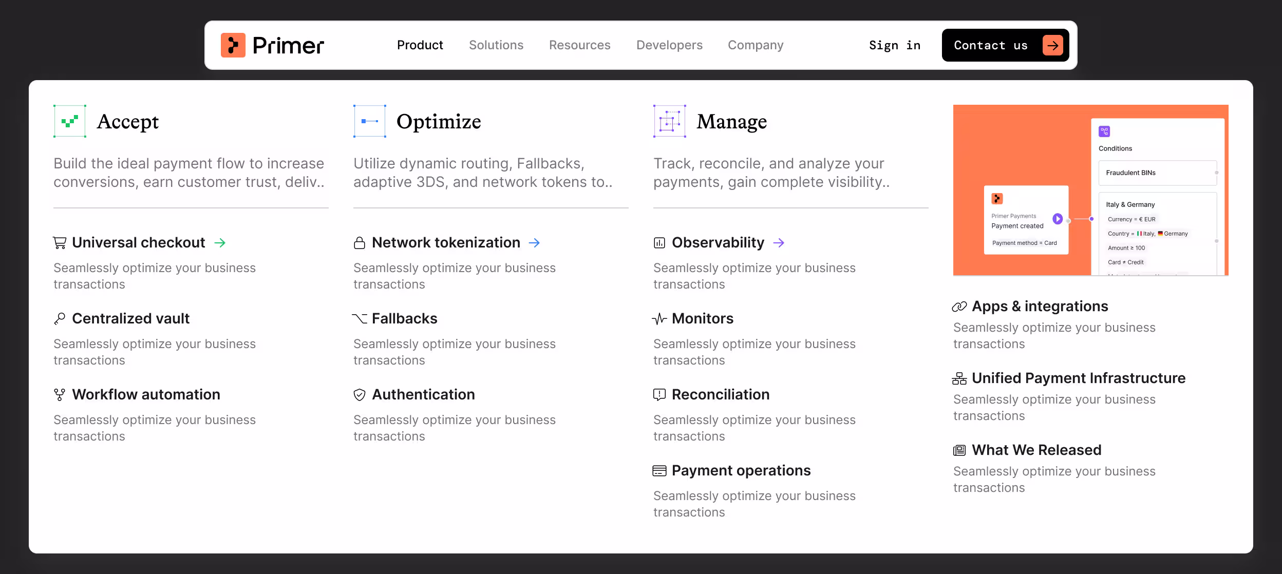 Primer website navigation expanded