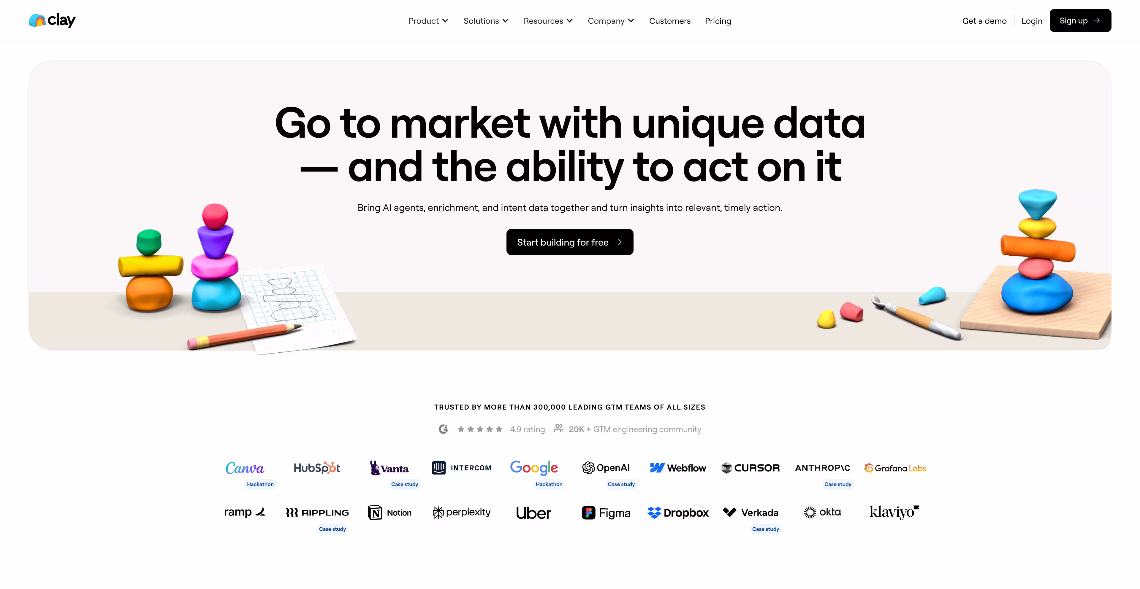 Clay SaaS website example showcasing personalization and enterprise credibility