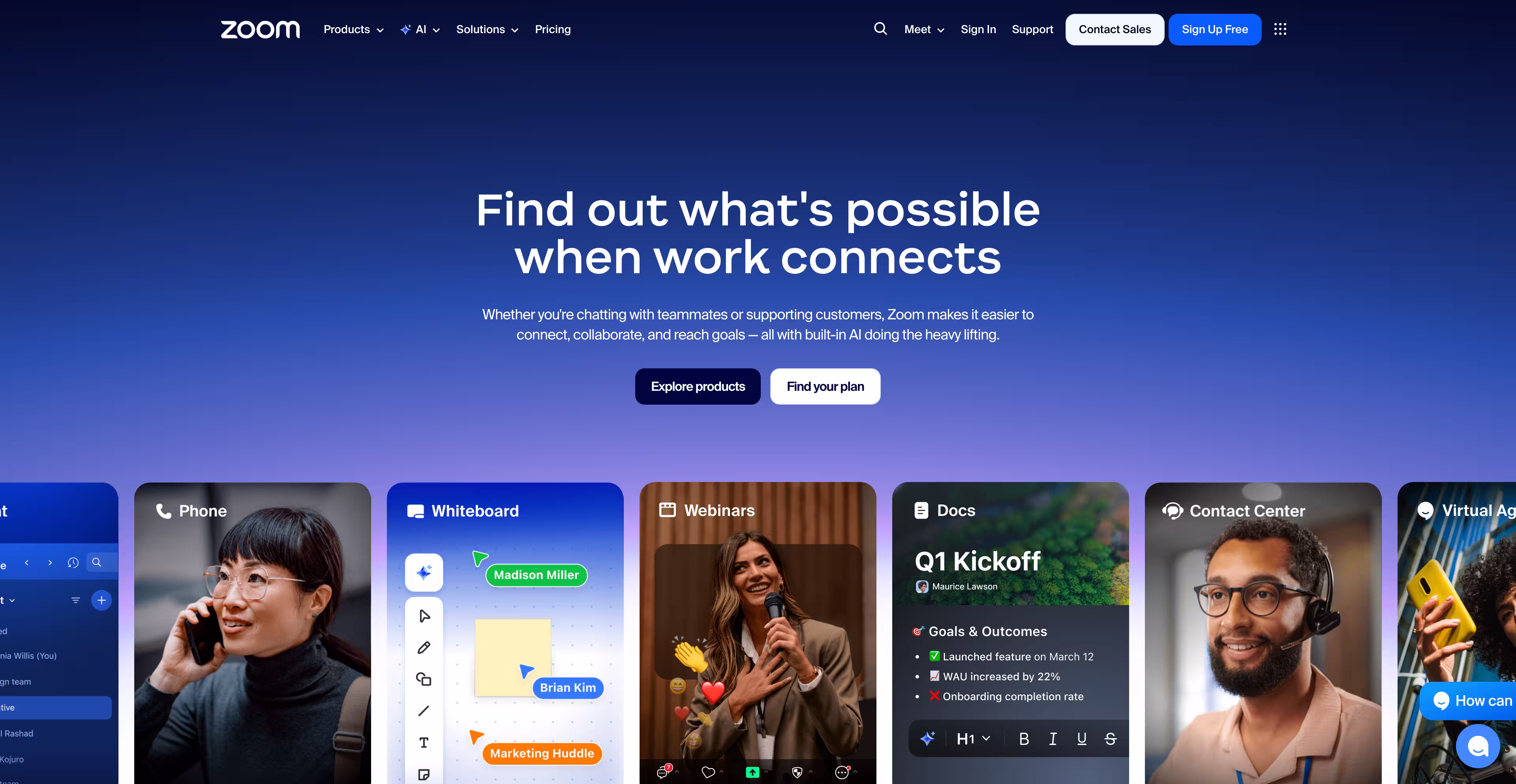 Zoom SaaS website example demonstrating AI collaboration story