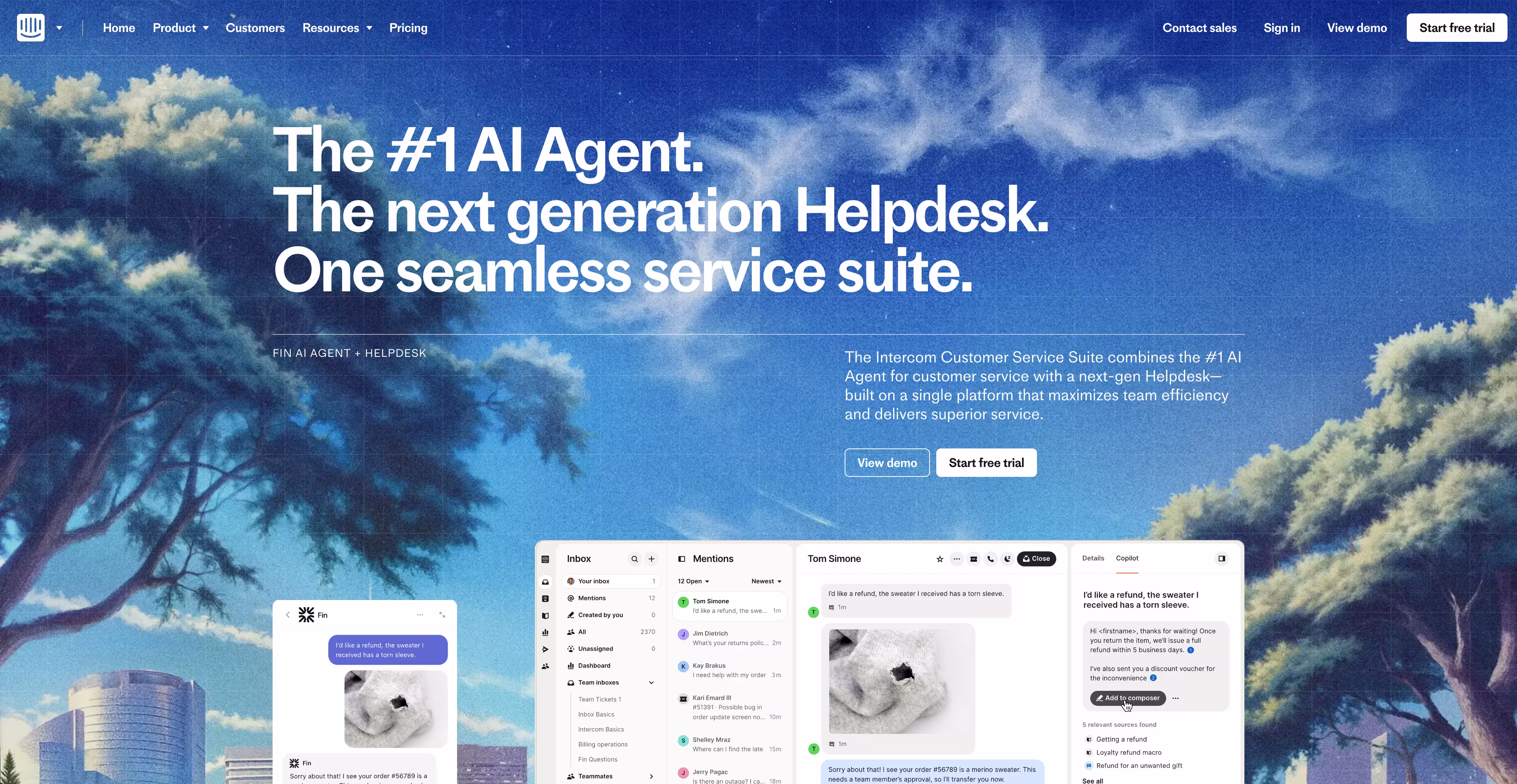 Intercom SaaS homepage example blending product UI with storytelling