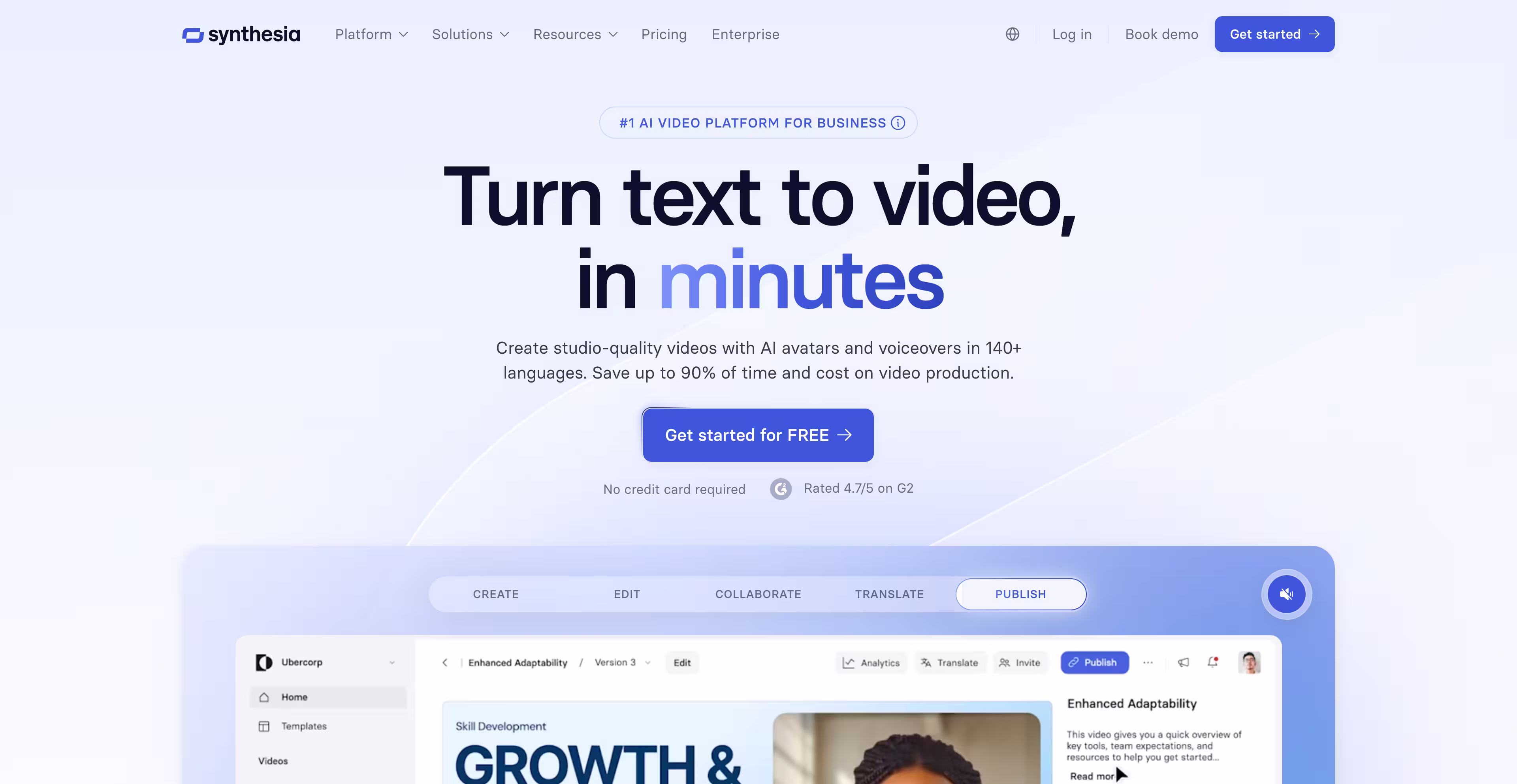 Synthesia SaaS homepage example demonstrating text-to-video creation
