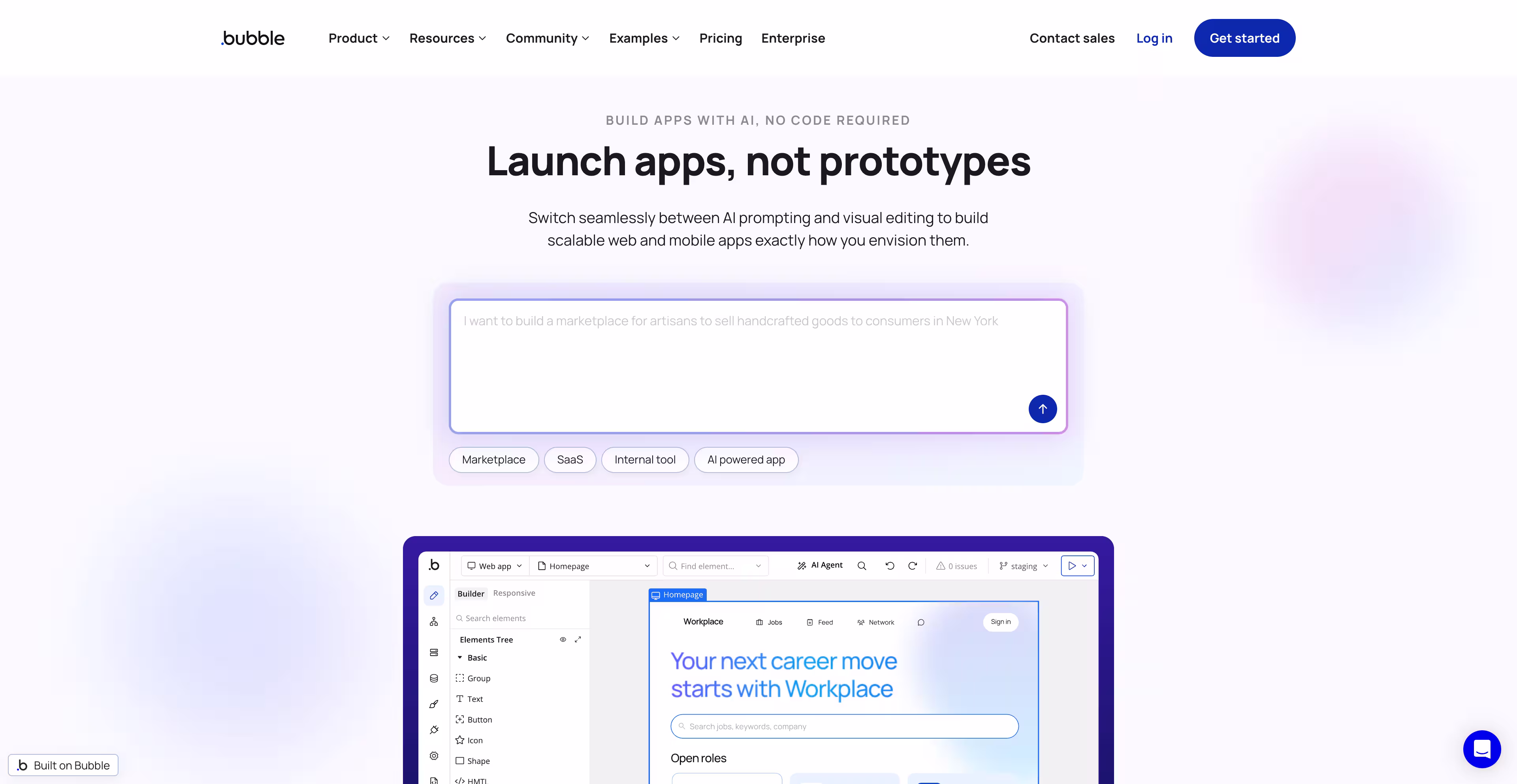 Bubble SaaS homepage example with interactive no-code app builder demo