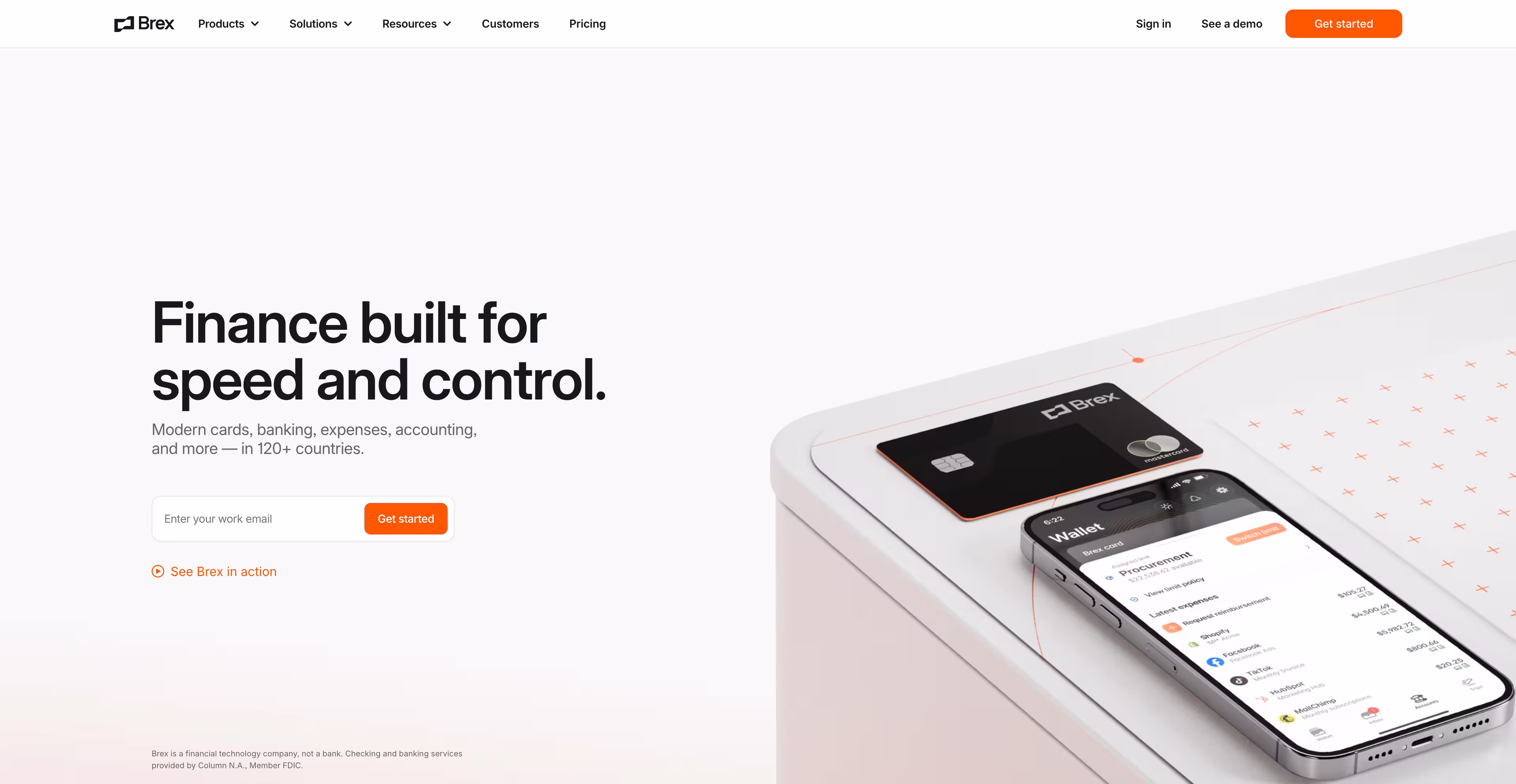 Brex SaaS website example with branded product-led finance design