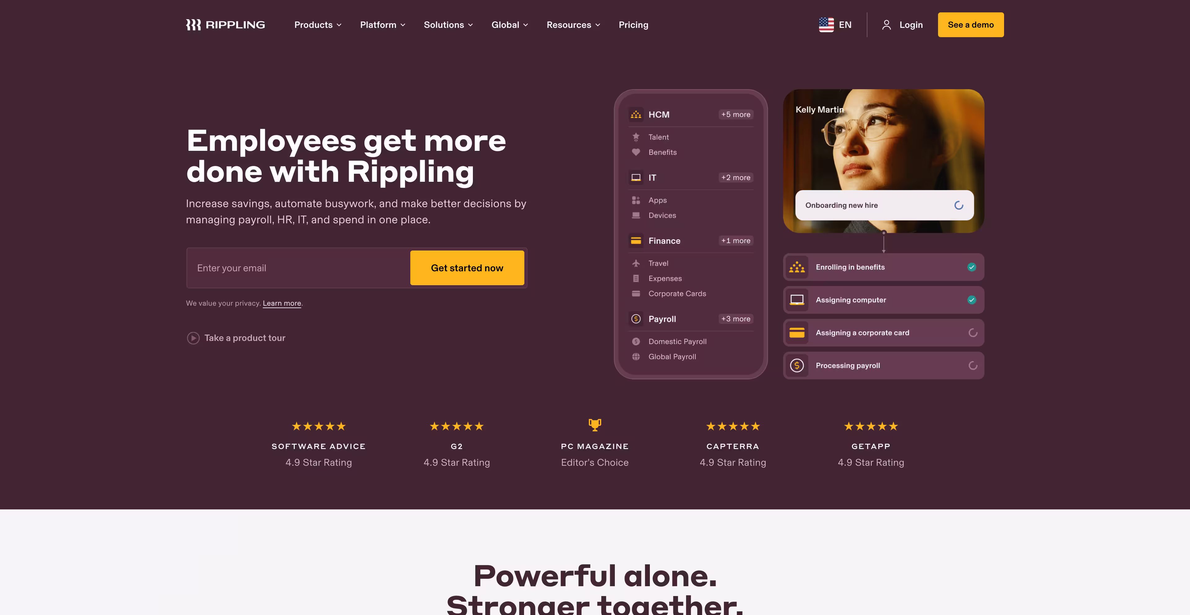 Rippling SaaS homepage example combining HR IT finance platform UI