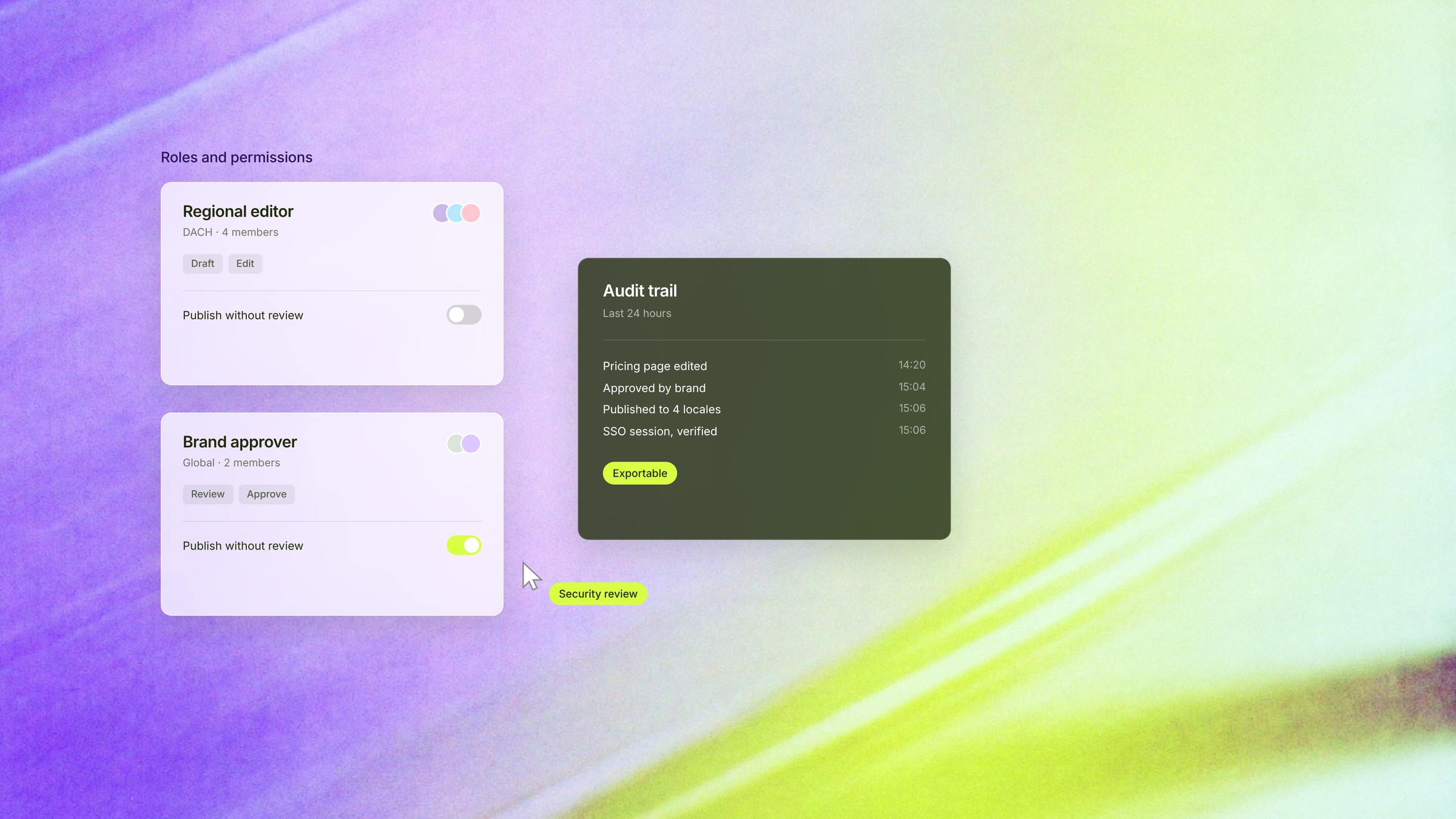 Enterprise CMS role and permission cards with an approval toggle beside a dark audit trail panel