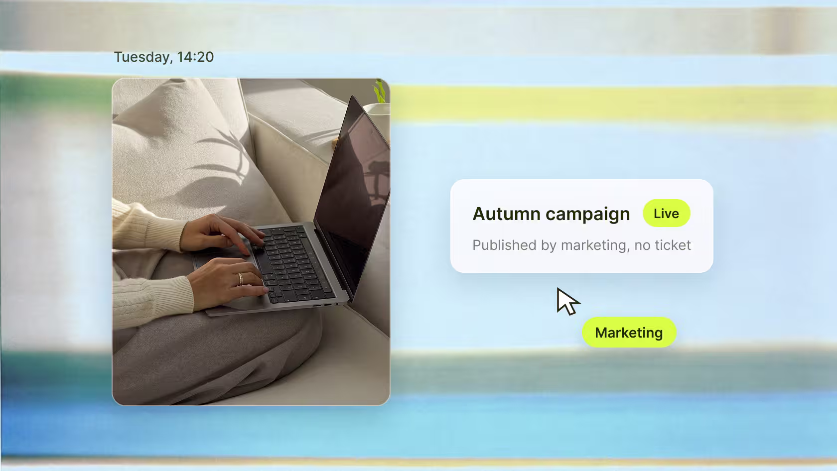 Hands editing a campaign page on a laptop, published by marketing the same afternoon with no developer ticket