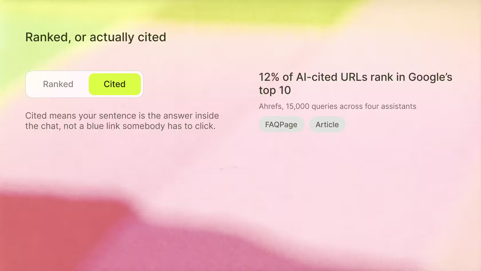 Segmented control, Ranked vs Cited, the 12% overlap stat, schema chips