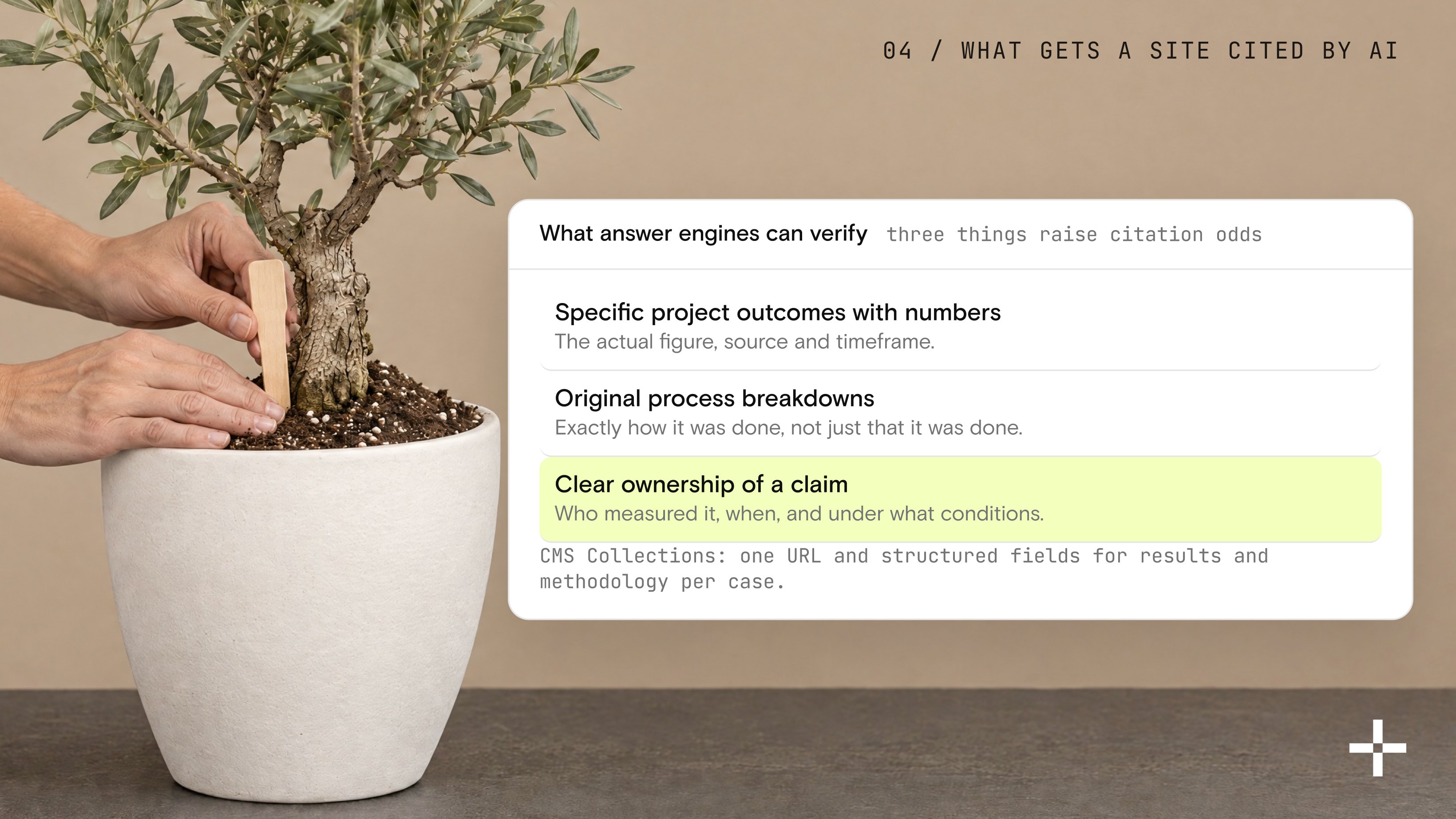 A hand placing a label stake in the soil next to the three things that raise AI citation odds: specific outcomes with numbers, original process breakdowns, clear ownership of a claim.