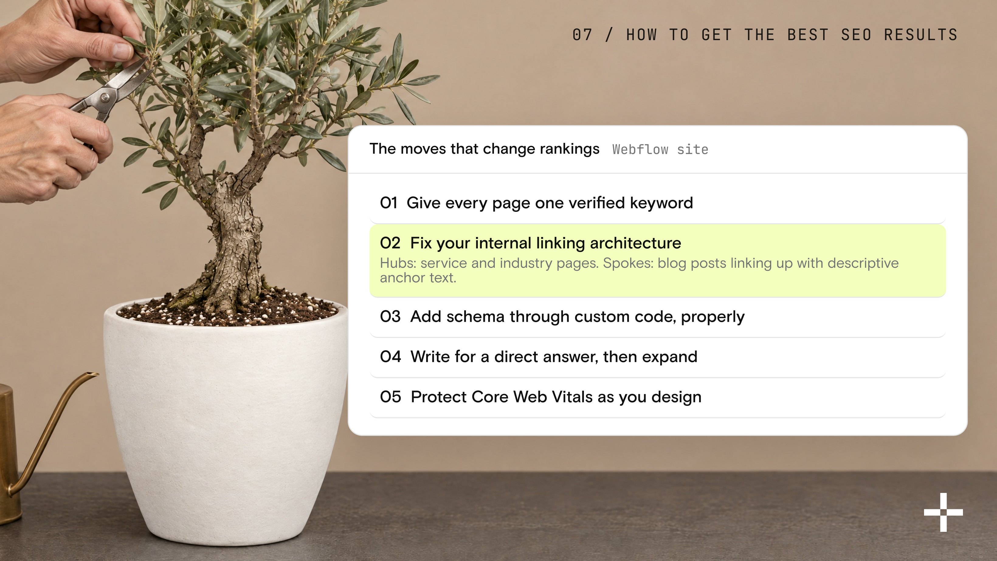 Pruning the olive tree next to the five moves that change rankings, with internal linking architecture highlighted.