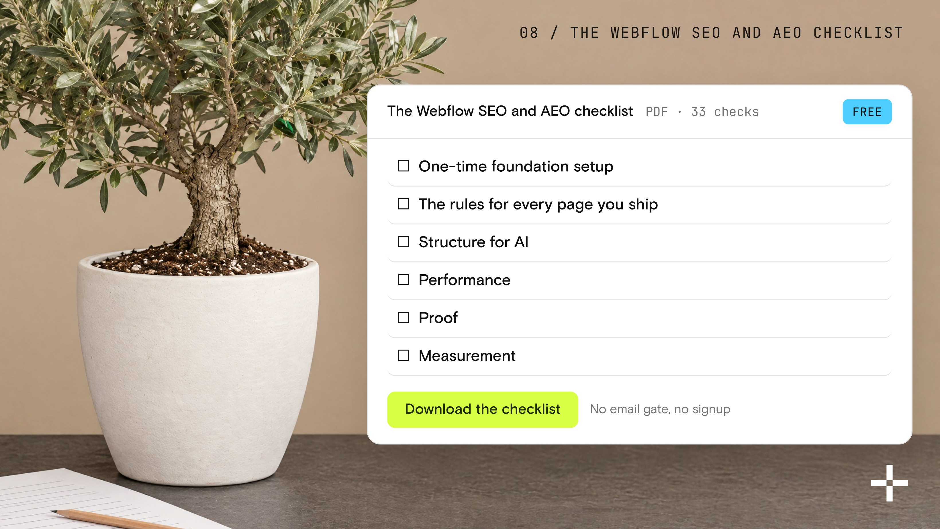 The healthy tree and a printed checklist next to the Webflow SEO and AEO checklist: 33 checks across six sections, free PDF with no email gate.