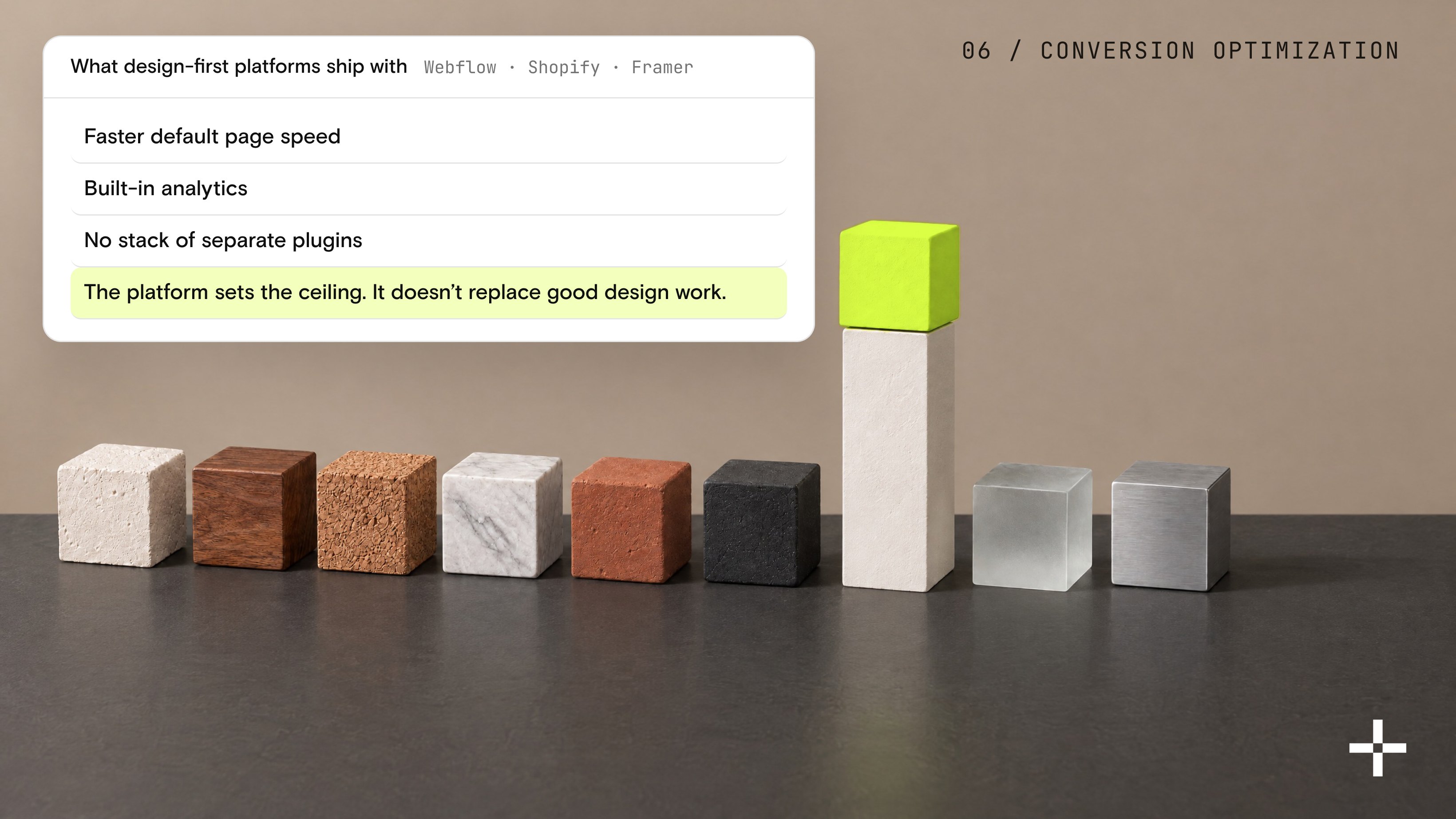 The lime cube raised on a plinth above the others, with what design-first platforms ship: faster default page speed, built-in analytics, no plugin stack.