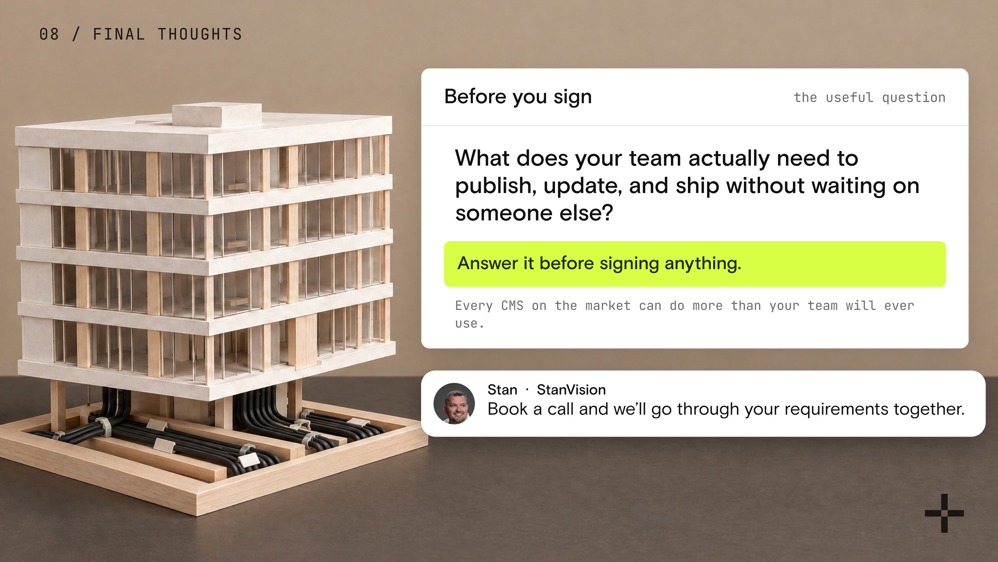 The finished model with its wiring neatly bundled and labelled, next to the question to answer before signing: what does your team need to publish, update and ship on its own.
