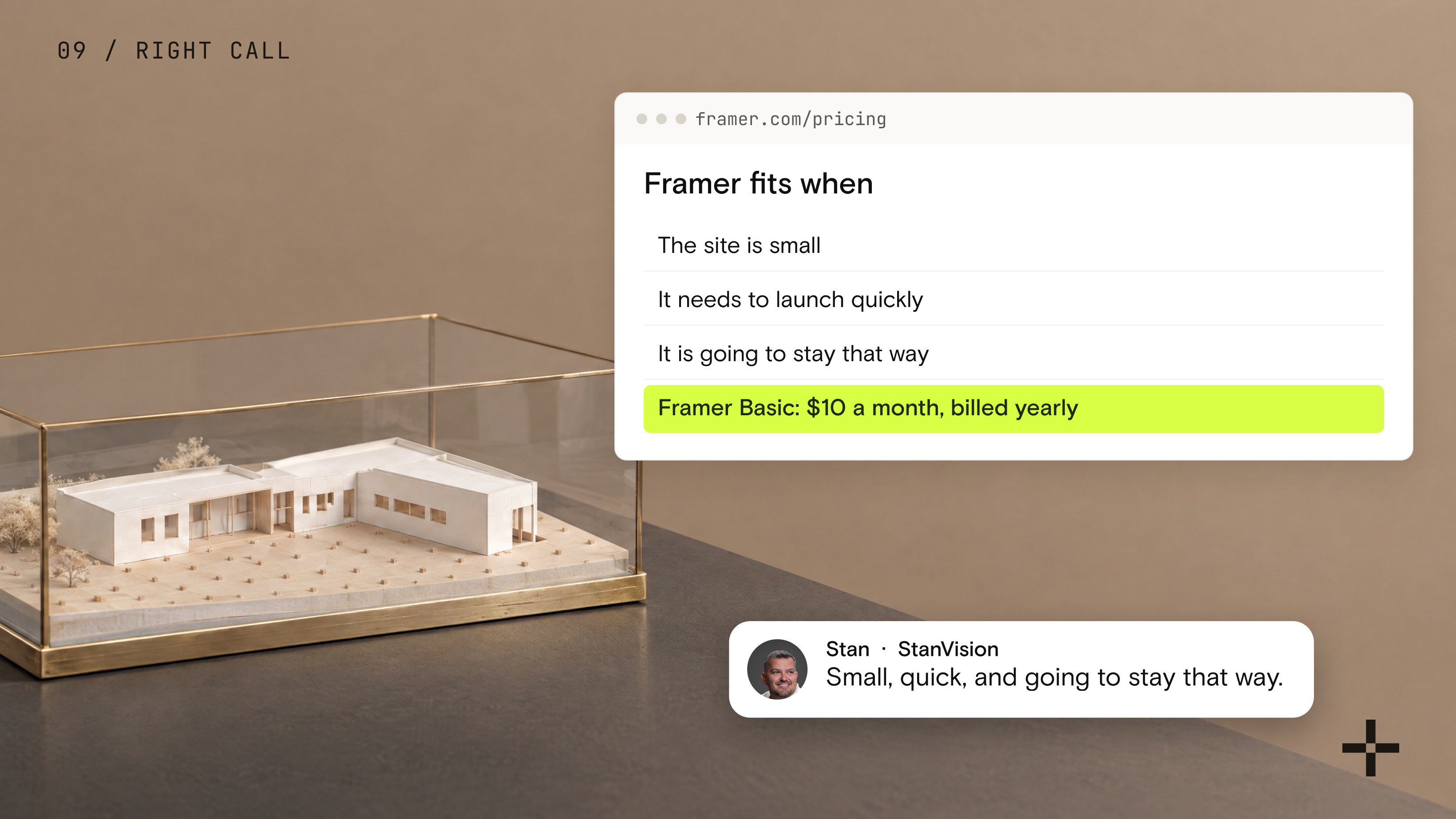 A small finished white model alone in its glass display case, next to a card listing when Framer fits: a small site, a quick launch, staying that way, with Framer Basic at 10 dollars a month highlighted.