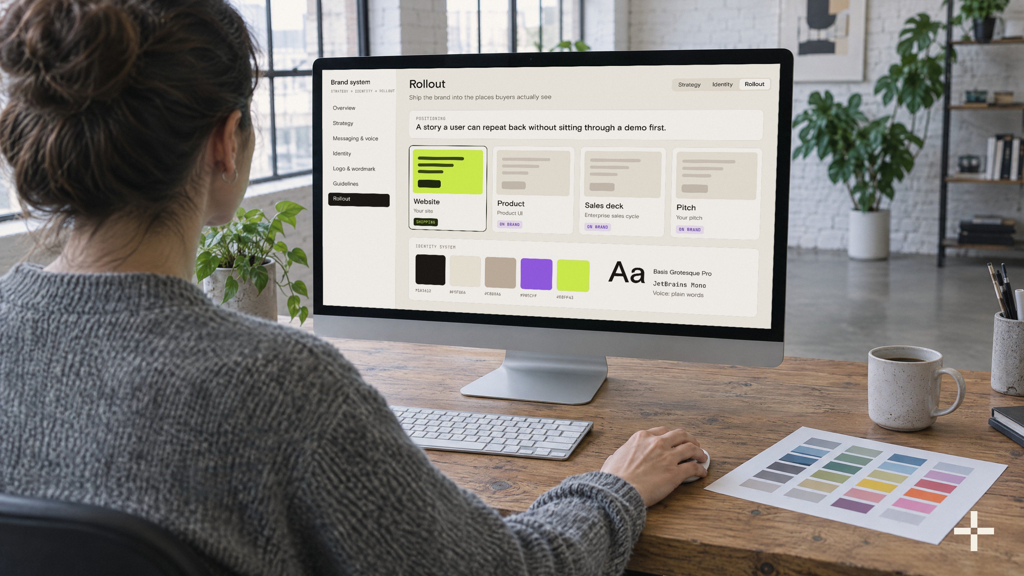 Brand system for a B2B SaaS company: logo, colour palette, typography and UI applications on one board