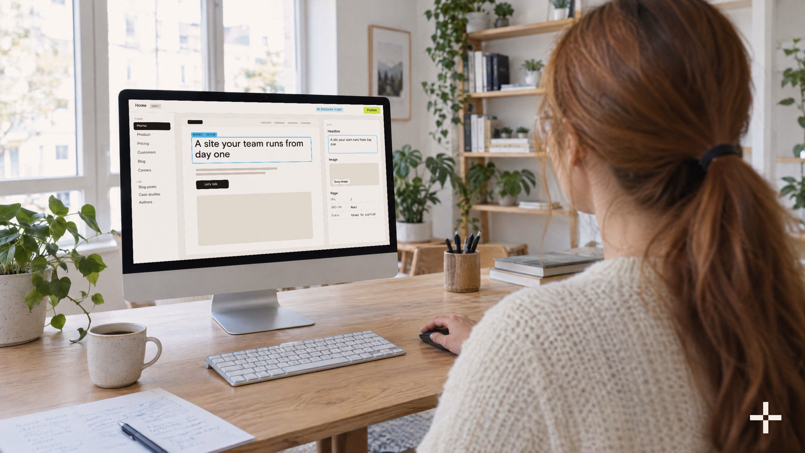 A marketer editing the homepage headline in the website CMS herself and publishing it without a developer ticket