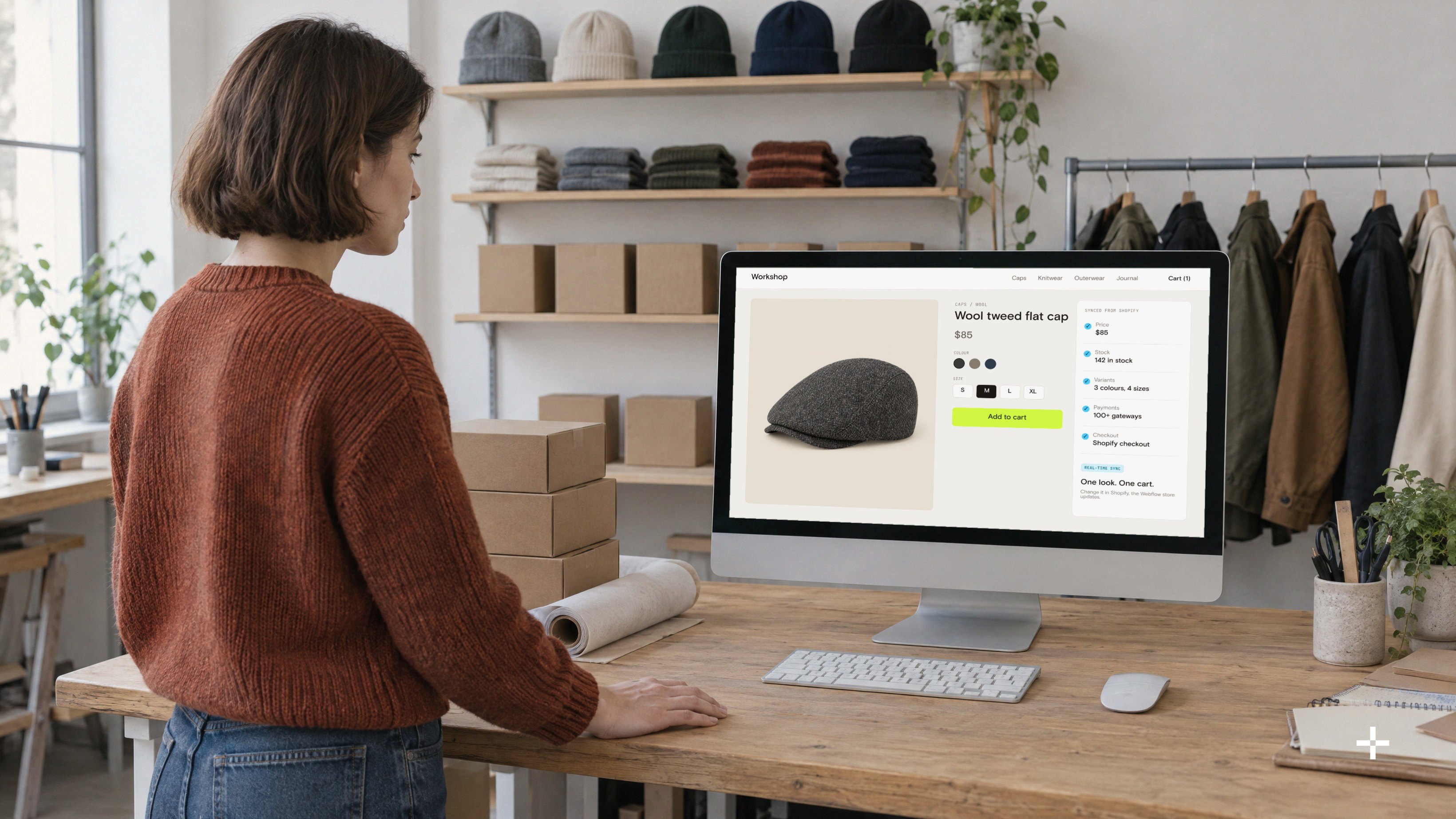 Ecommerce manager in a brand studio reviewing a Webflow product page with price, stock and checkout synced from Shopify