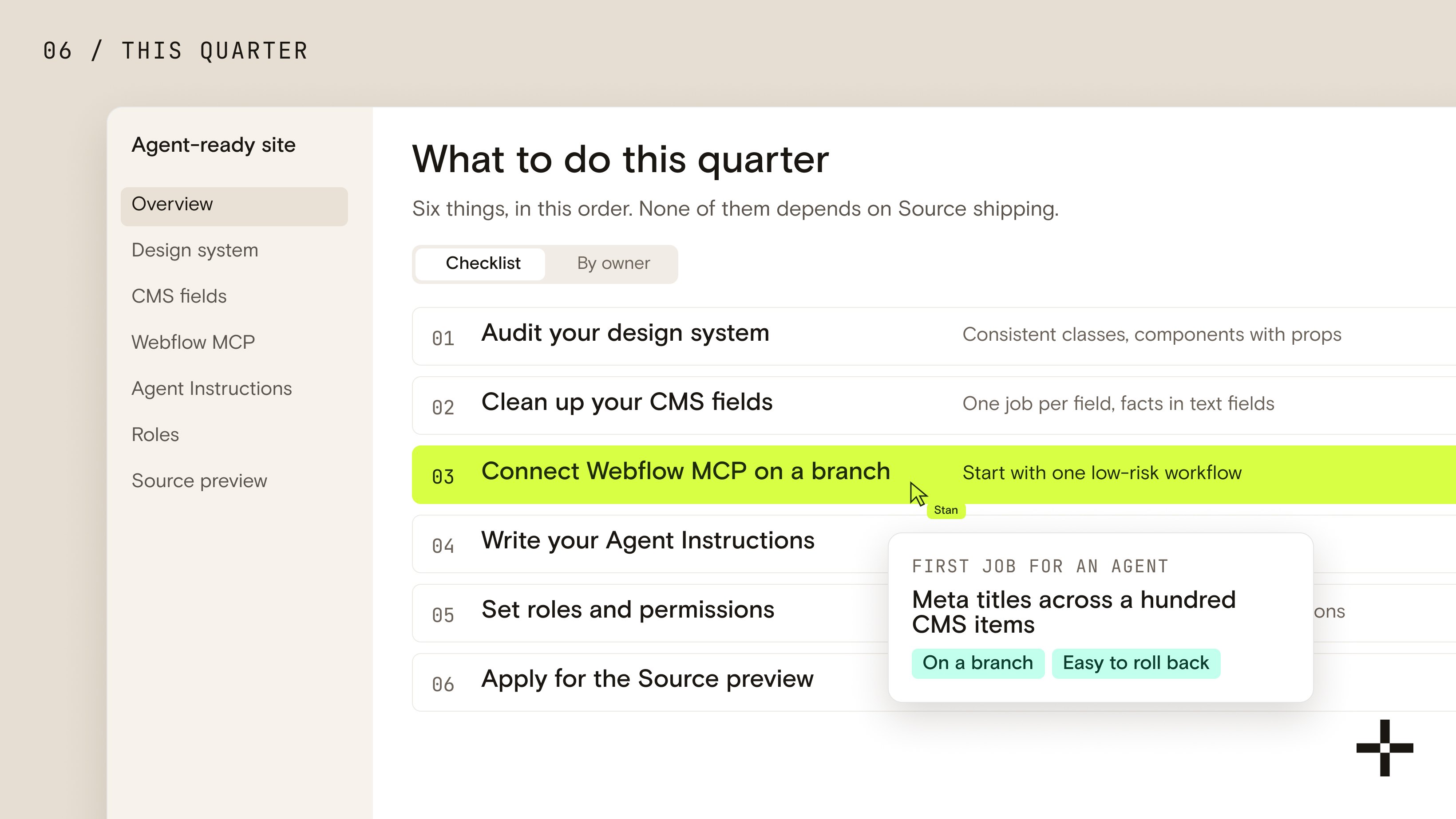 Checklist of six things to do this quarter, with Connect Webflow MCP on a branch highlighted