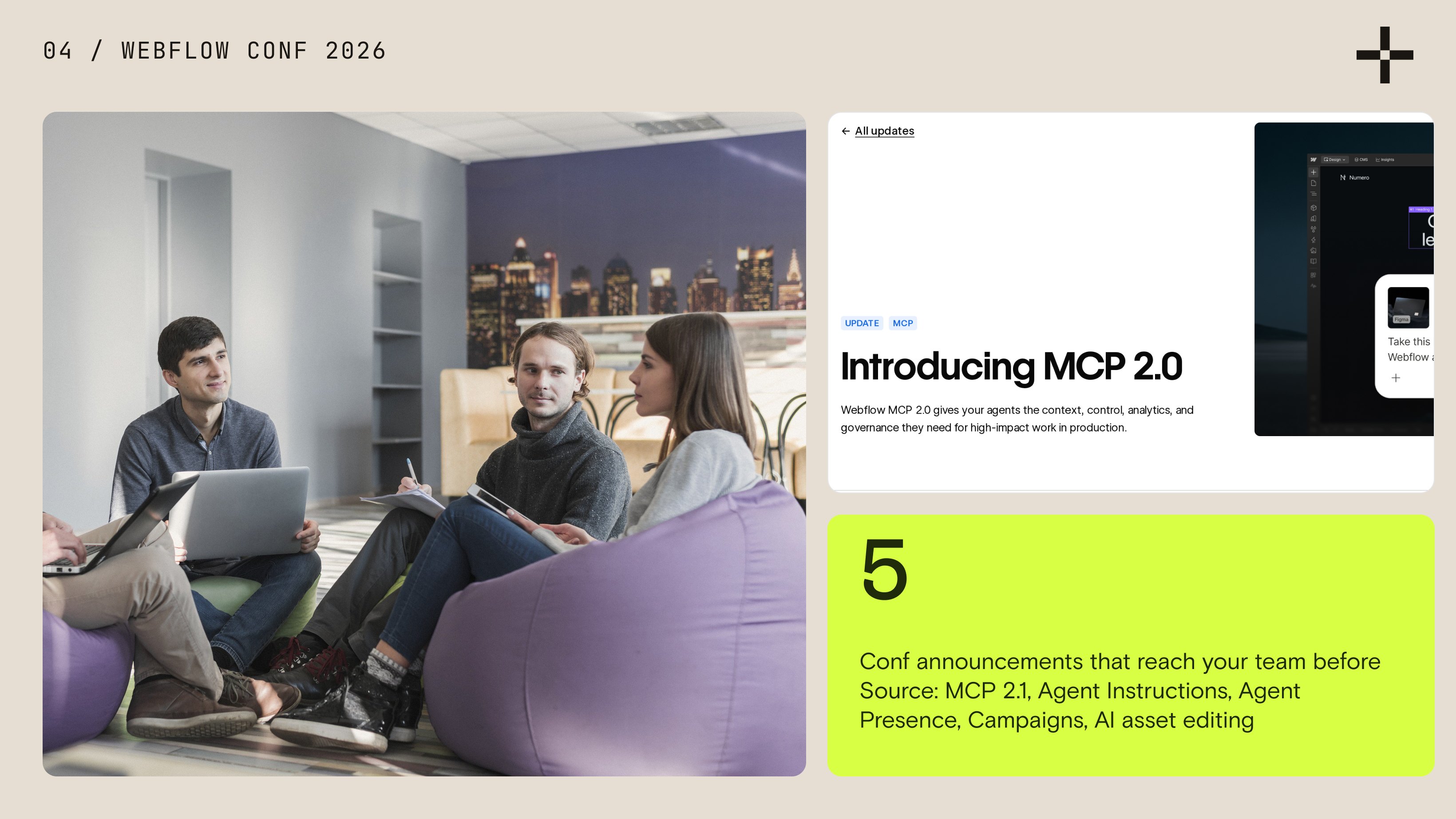 Collage of a team talking on bean bags, Webflow's Introducing MCP 2.0 update page and the five Webflow Conf 2026 announcements that land before Source