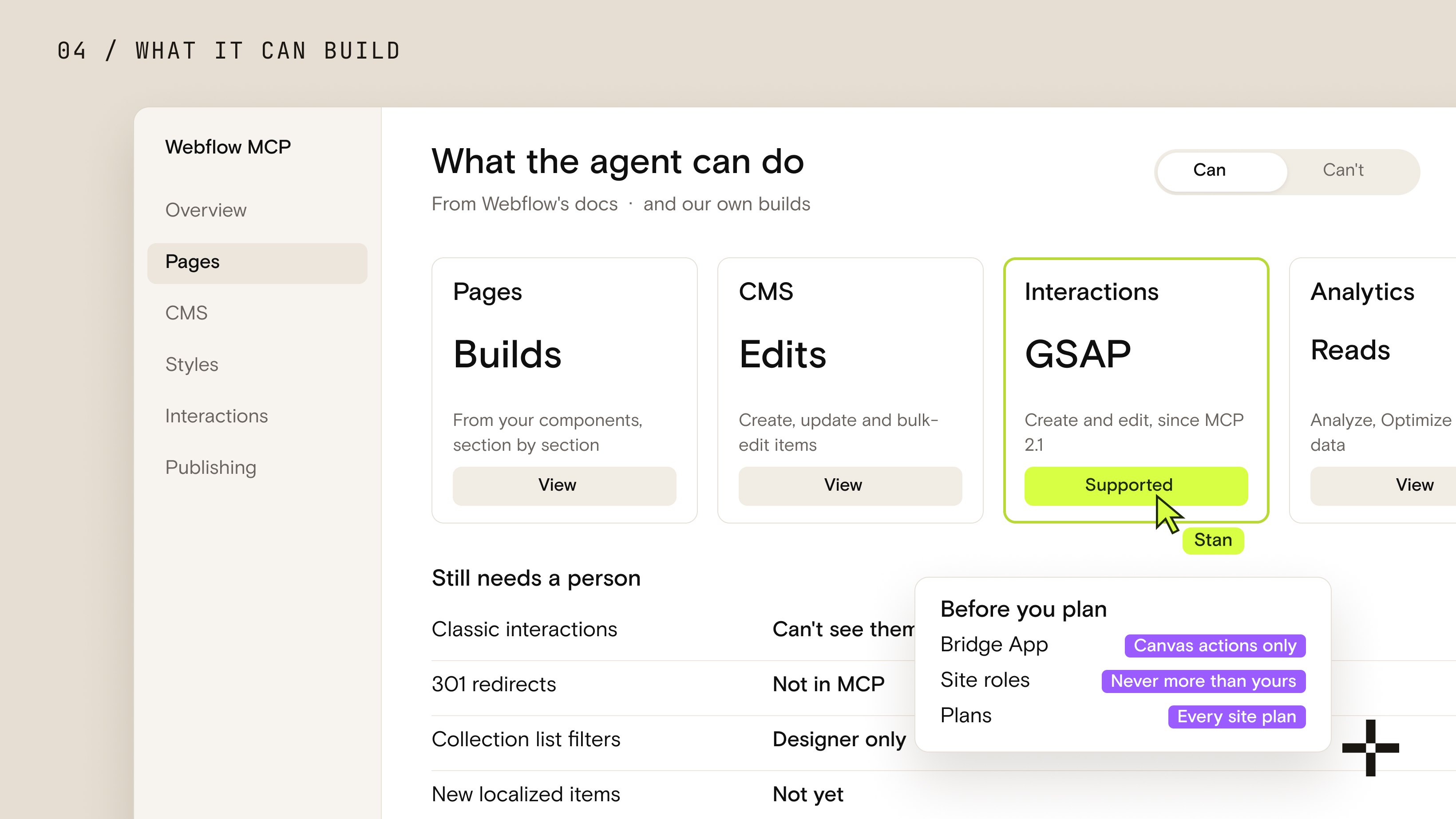Platform screen showing what Webflow MCP can do across pages, CMS, interactions and analytics, and what still needs a person