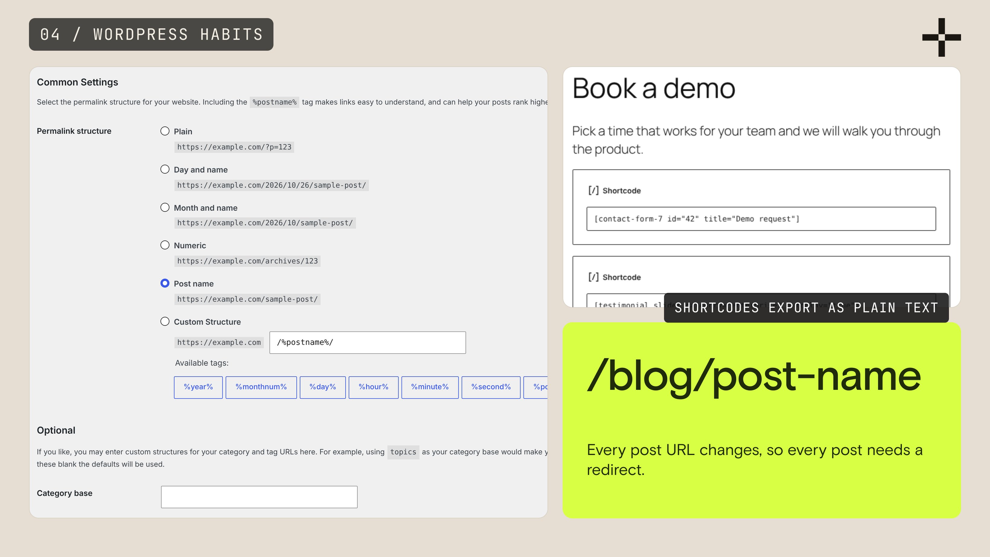 WordPress permalink settings set to post name beside a page with shortcodes, and the new Webflow path /blog/post-name
