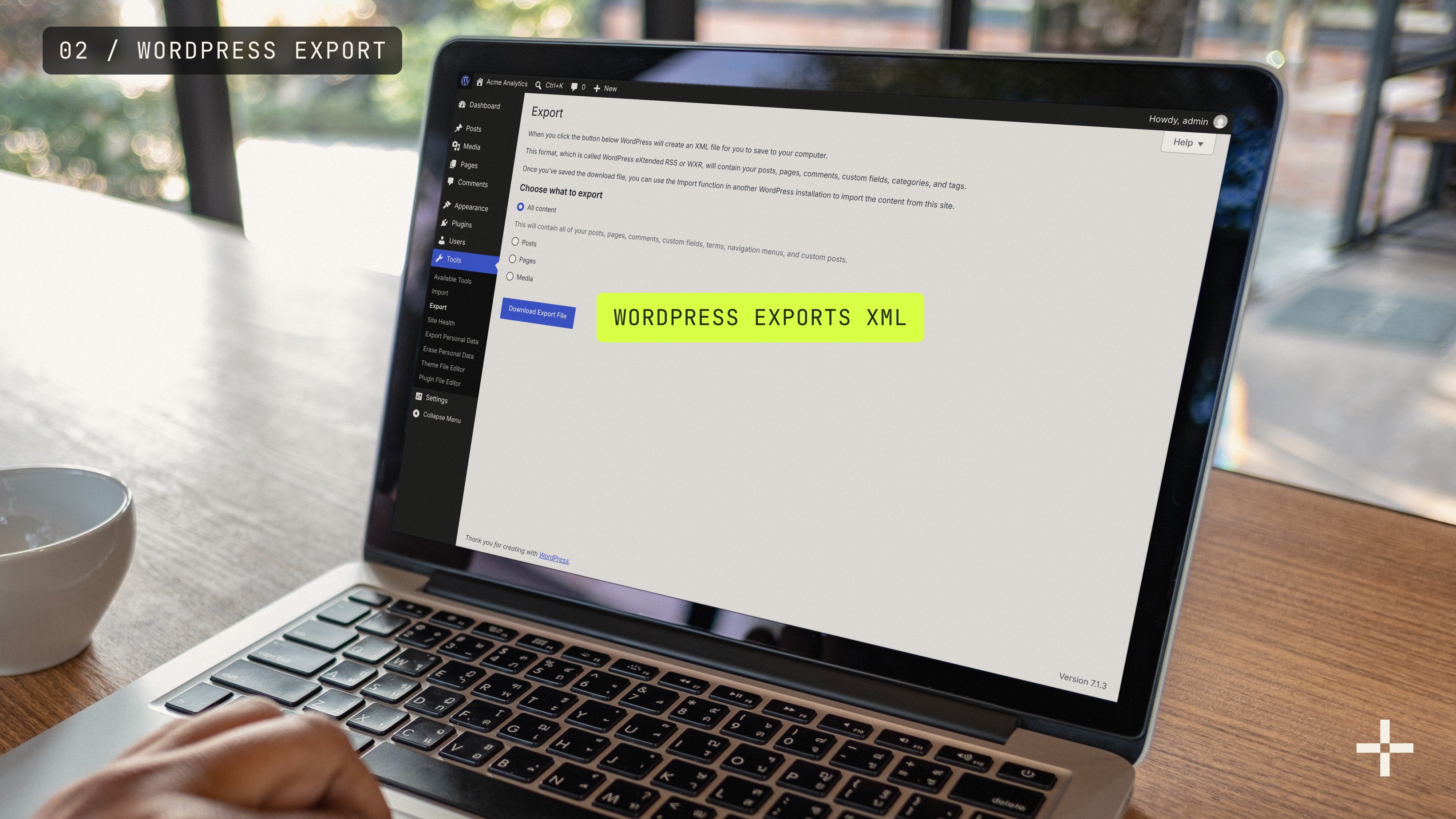 Laptop showing the WordPress Tools, Export screen, where a WordPress to Webflow migration starts with an XML export