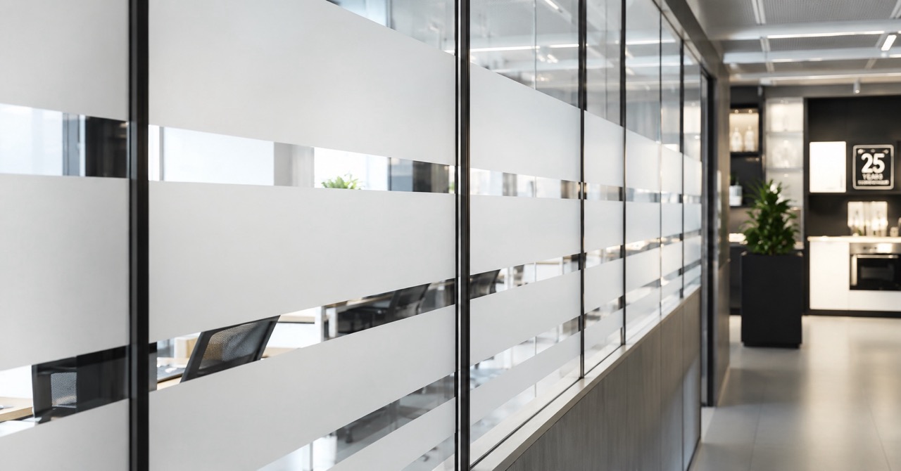 Frosted privacy window film installed in modern office space