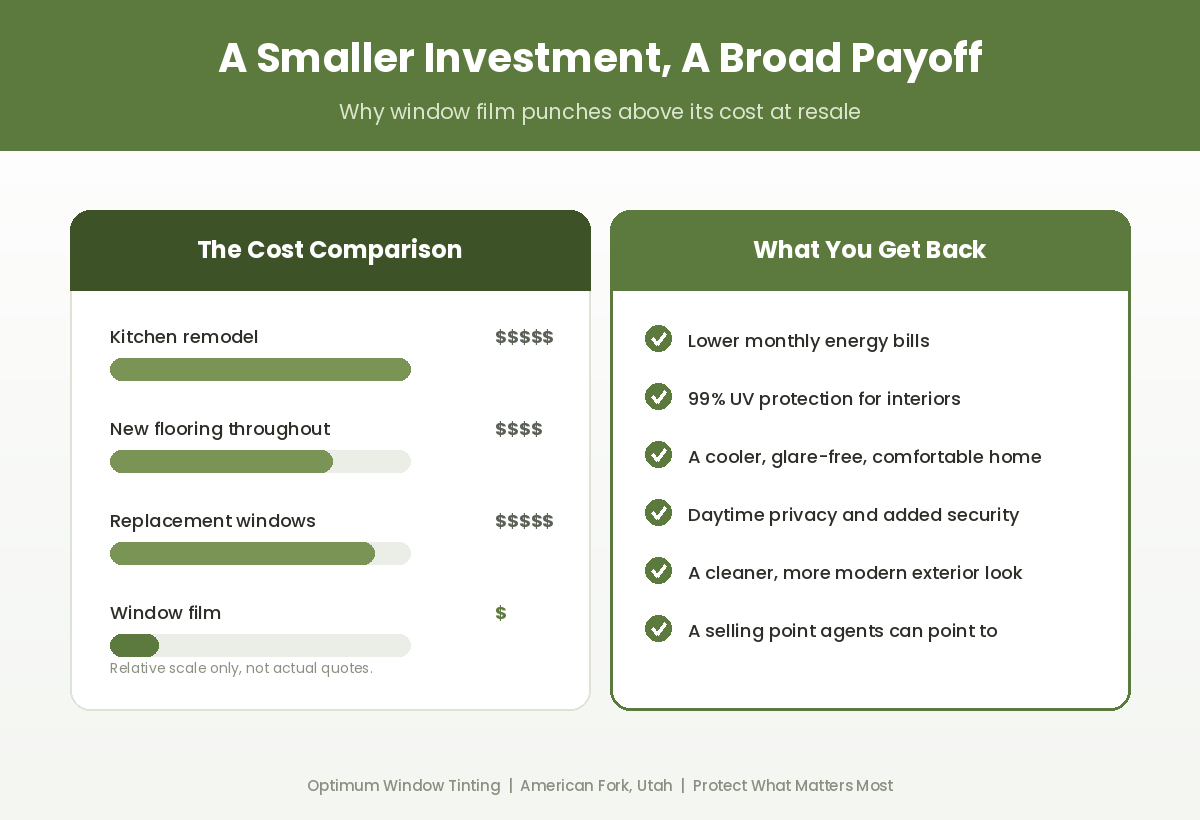 Comparison graphic showing window film as a small investment next to kitchen remodels, new flooring, and replacement windows, while delivering energy savings, UV protection, comfort, privacy, and curb appeal.