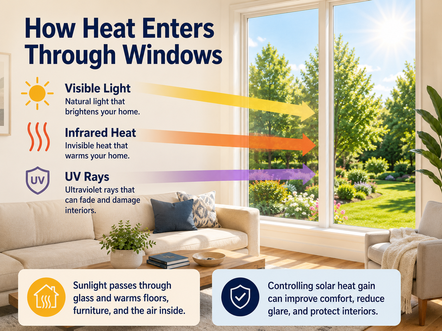Diagram showing visible light, infrared heat, and UV rays entering a home through residential windows