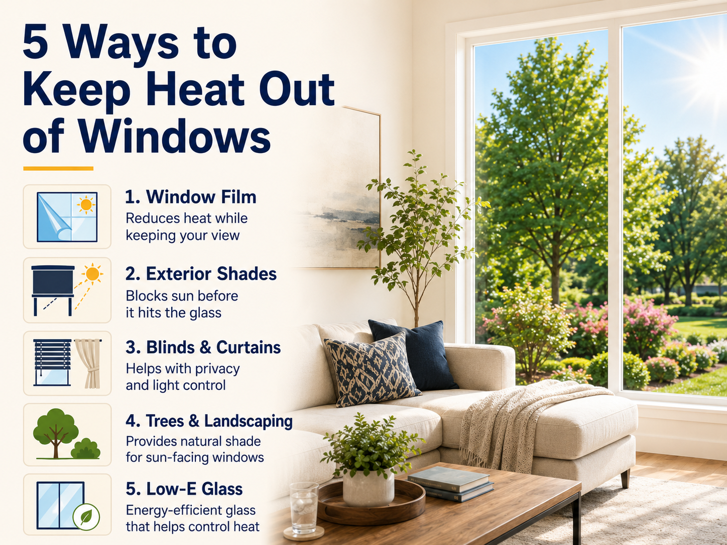 Five ways to keep heat out of windows, including window film, exterior shades, curtains, landscaping, and Low-E glass