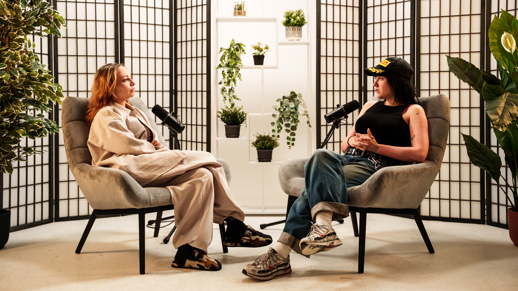 man and women having podcast