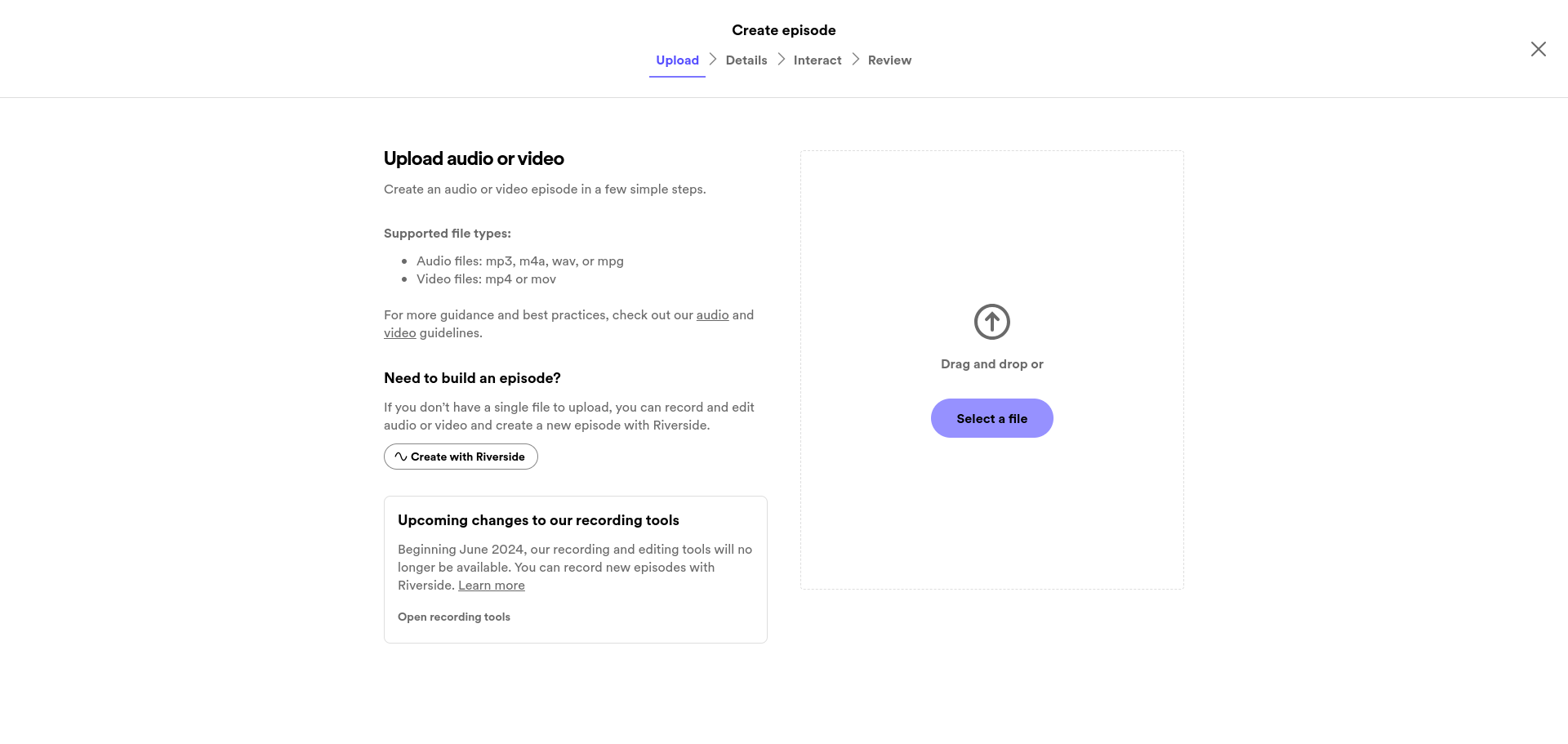 Spotify episode upload section